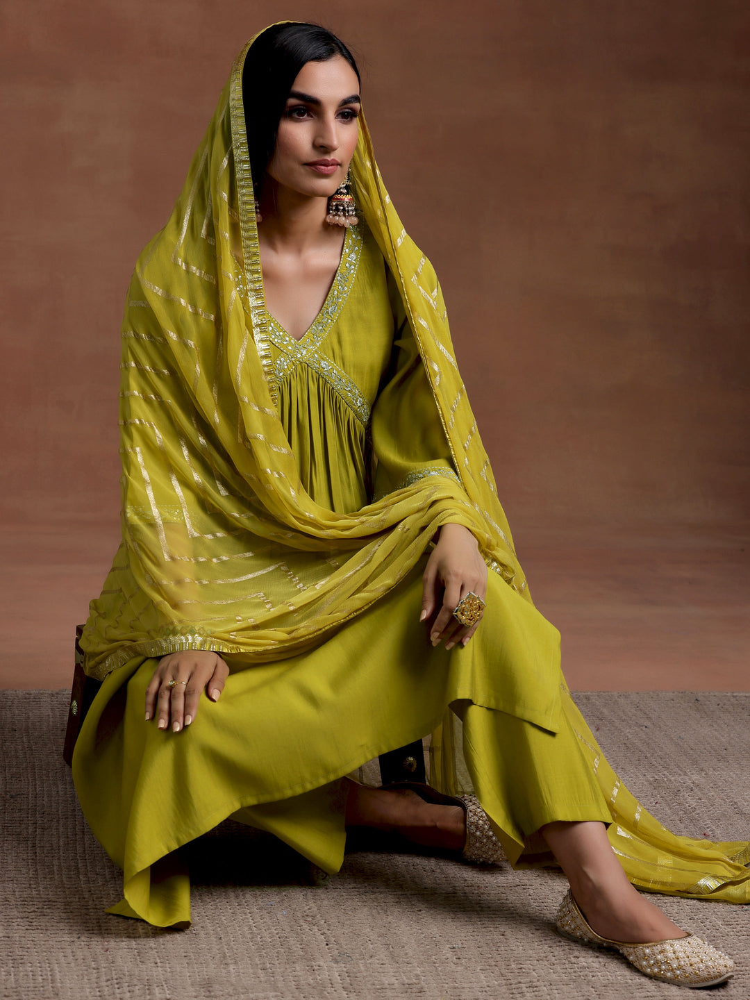 Olive Solid Silk Blend A-Line Kurta With Trousers & Dupatta