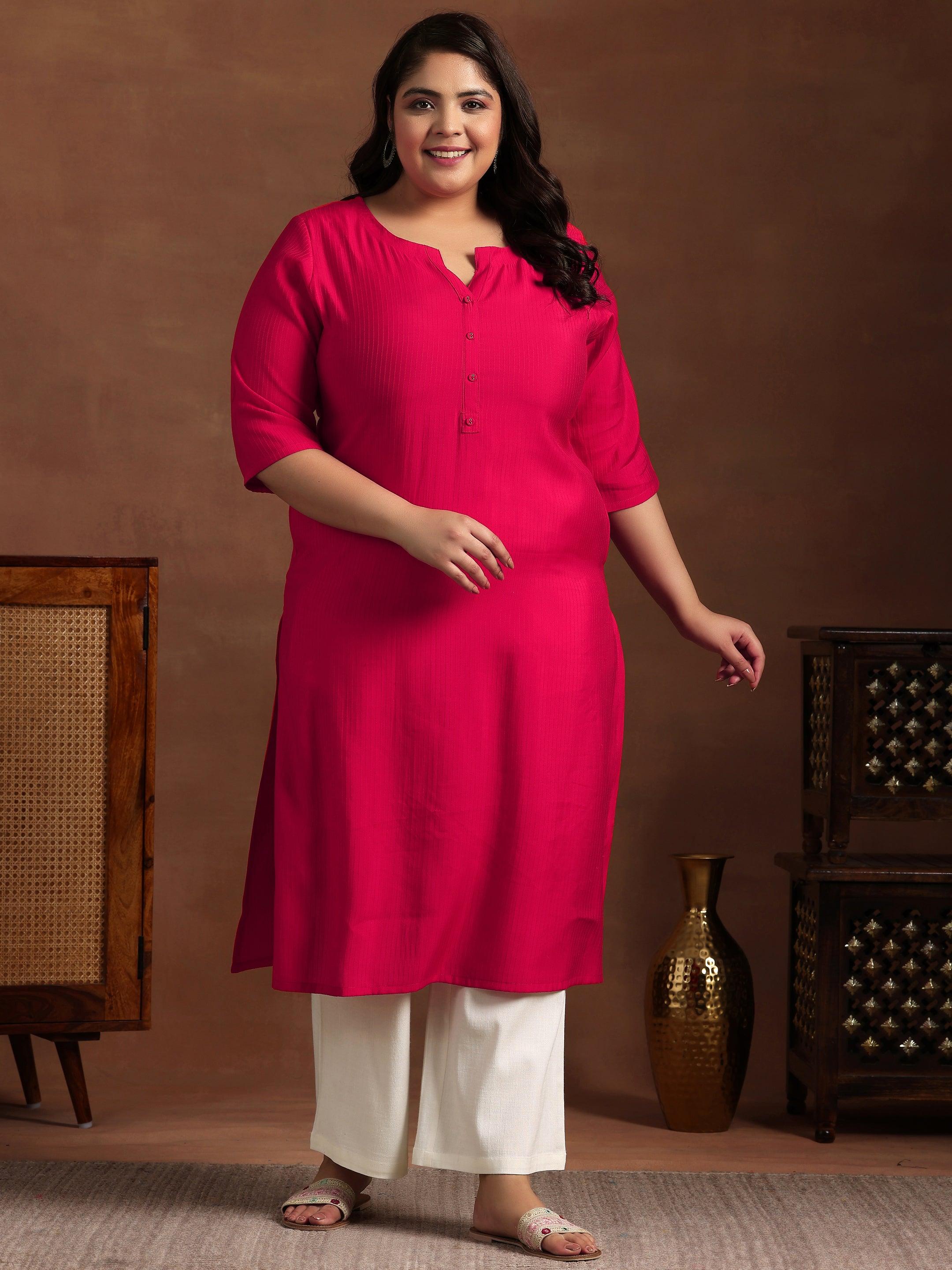 Plus Size Red Woven Design Silk Straight Kurta