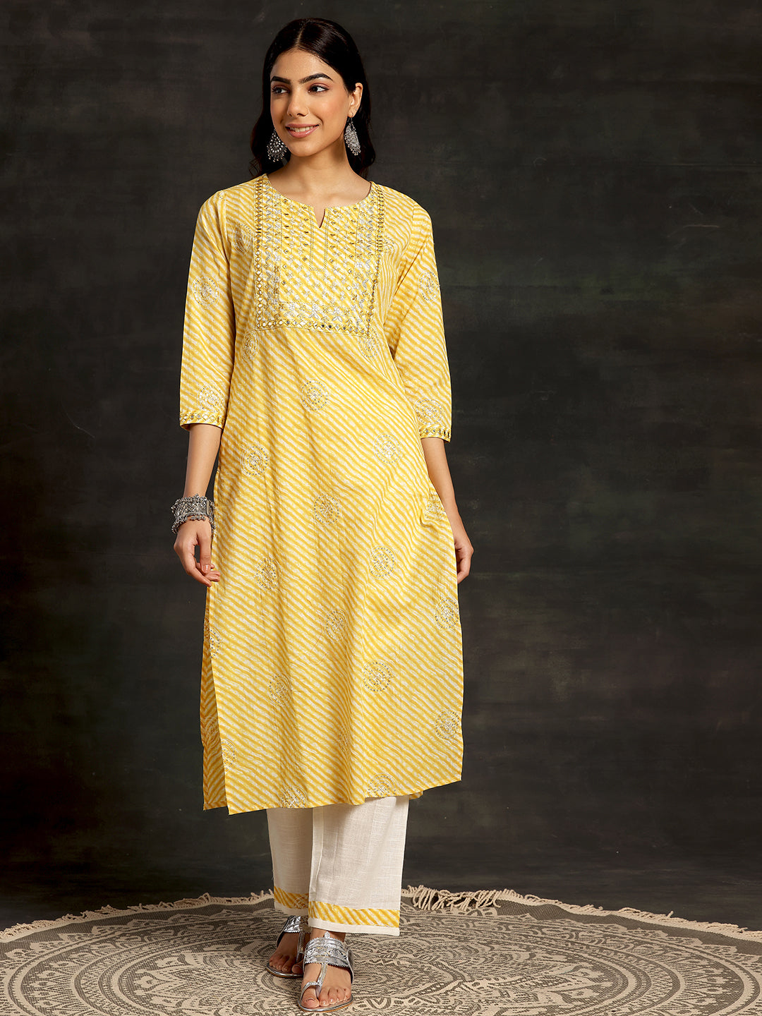 Yellow Printed Cotton Straight Kurta Set