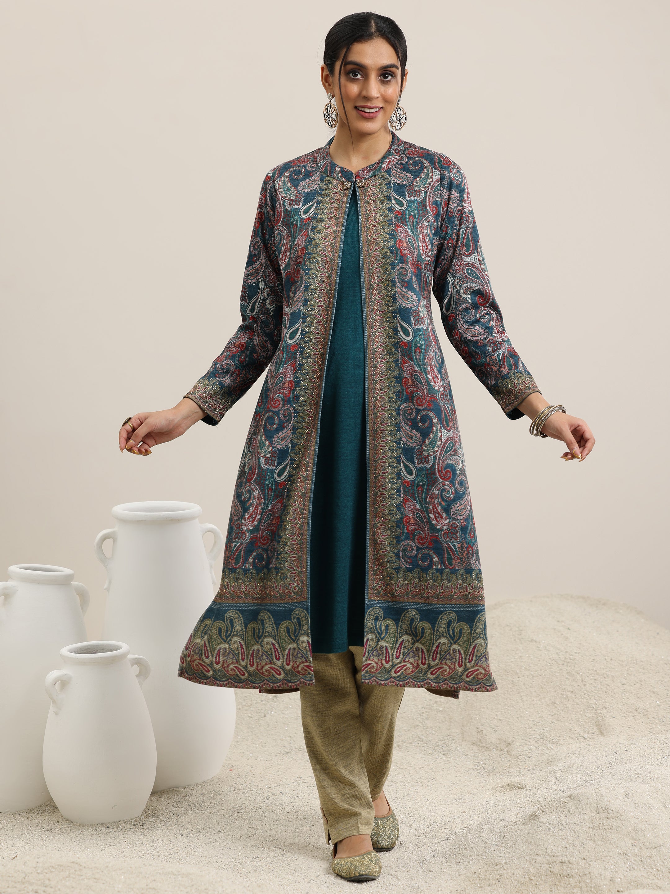 Blue Printed Wool Straight Kurta