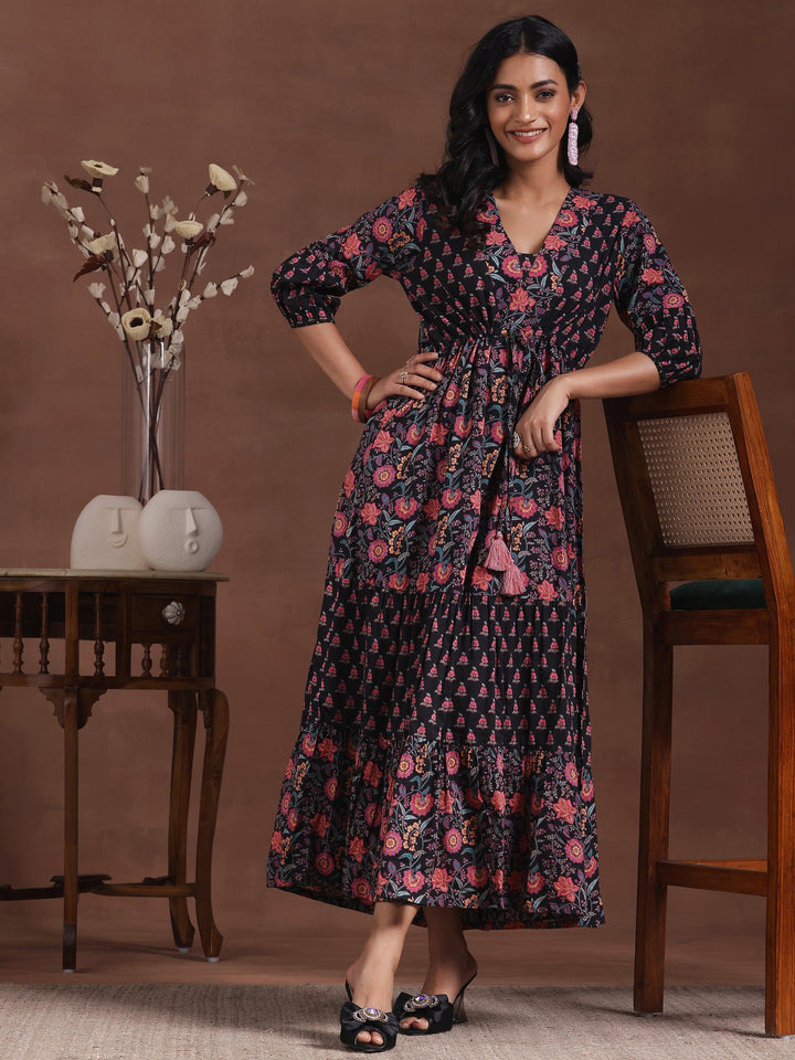 Black Printed Cotton A-Line Dress - Libas