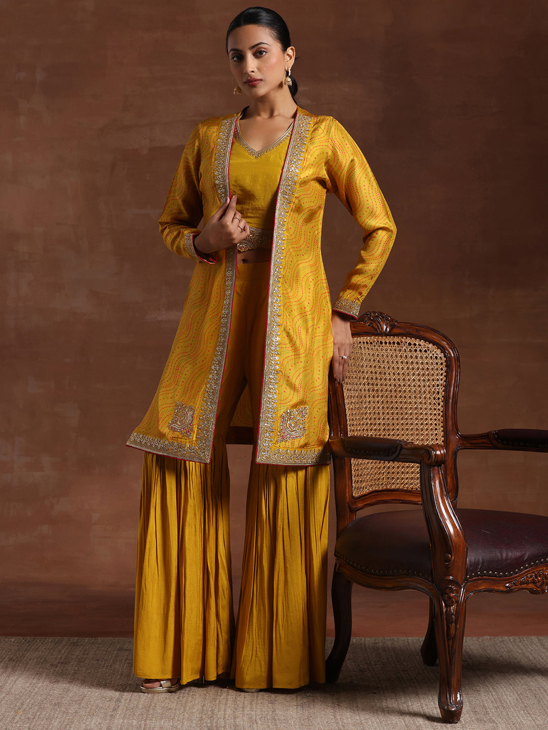 Mustard Embroidered Silk Blend 3 Piece Co-Ords