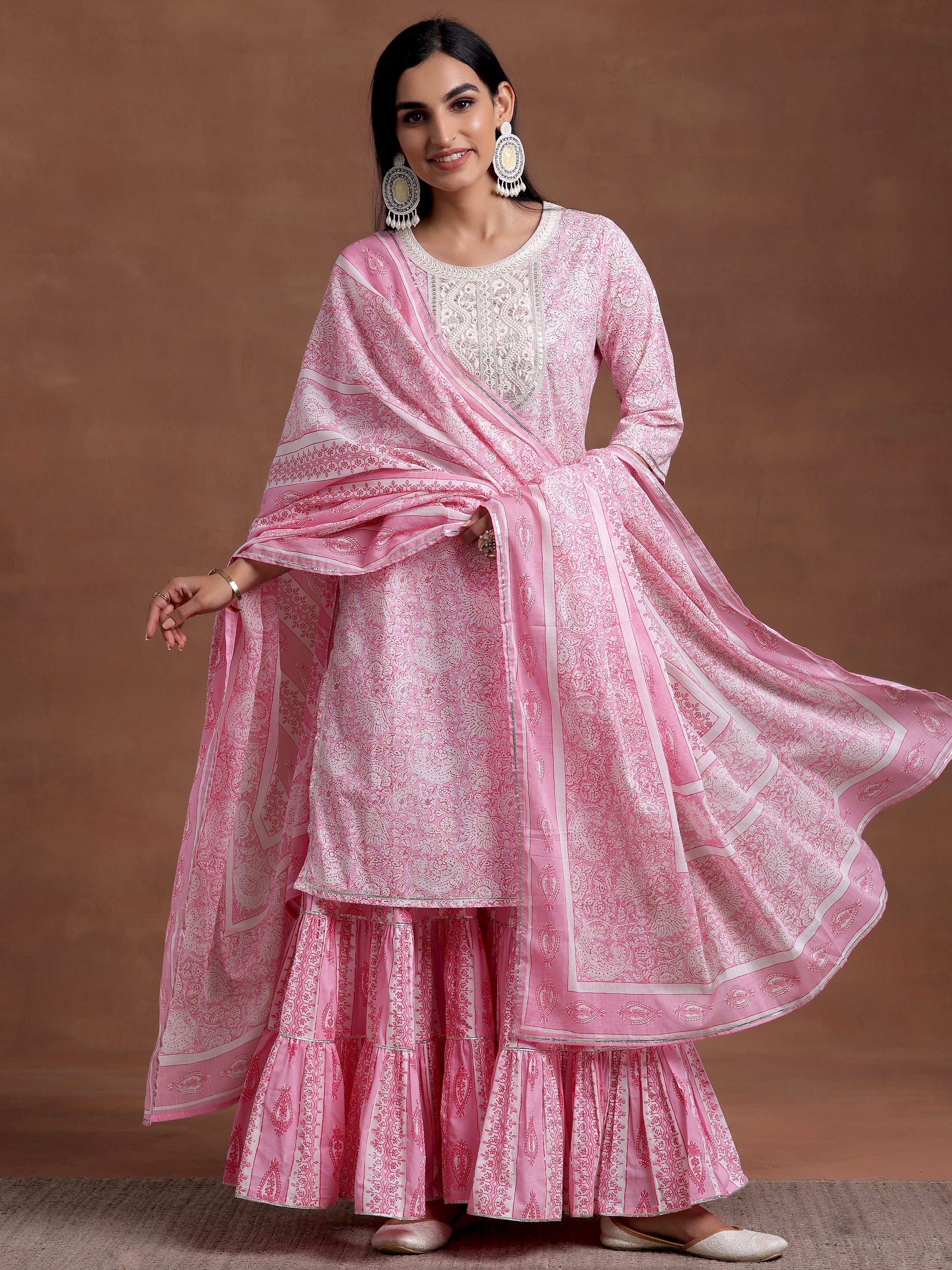 Pink Yoke Design Cotton Straight Suit With Dupatta