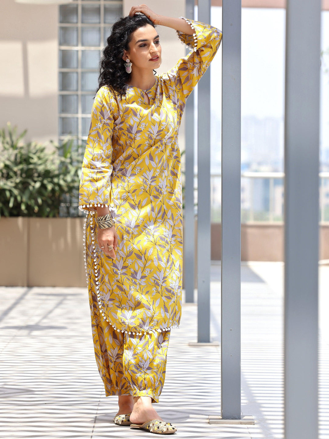 Mustard Printed Cotton Pathani Kurta Set - Libas