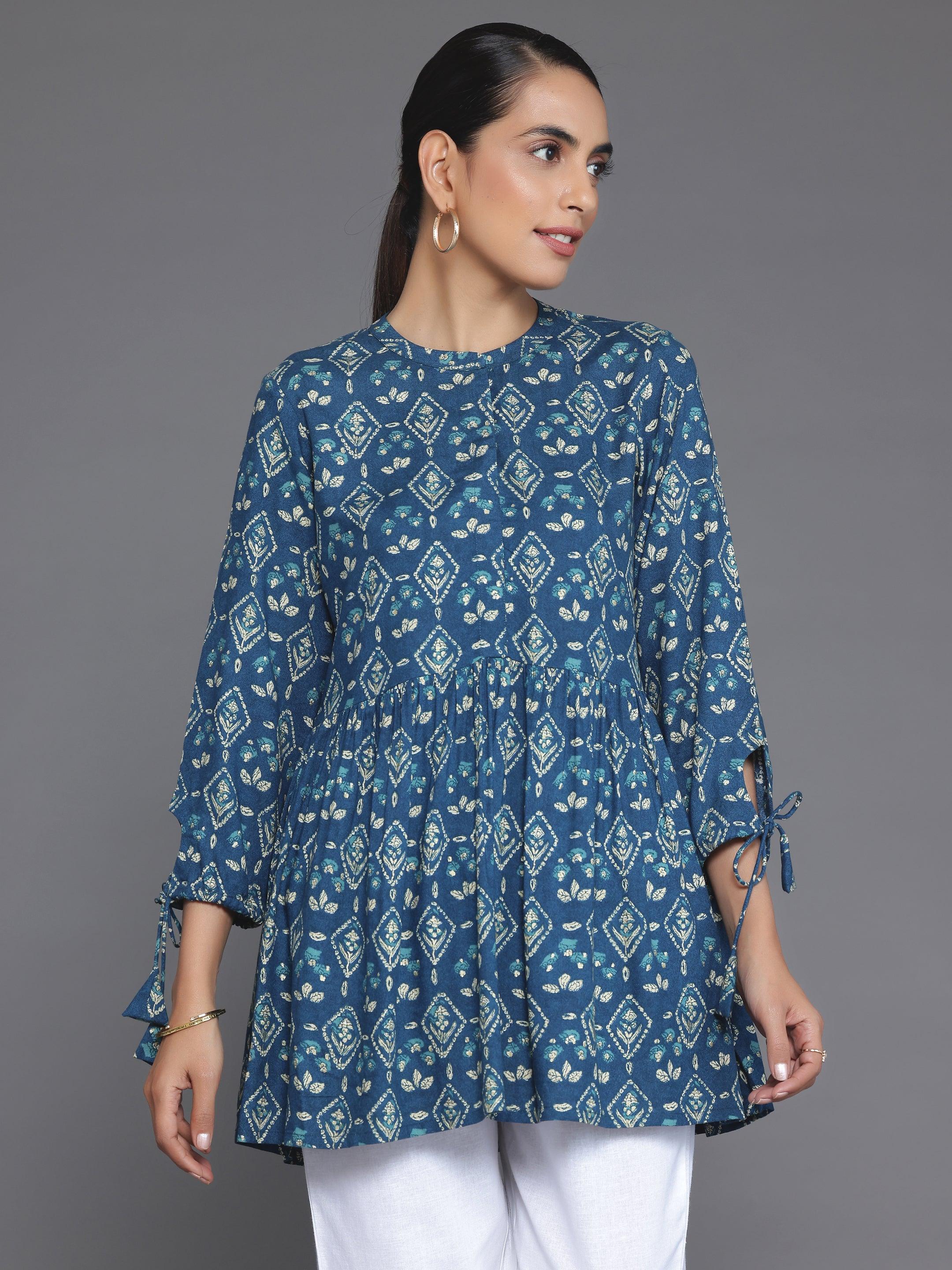 Blue Printed Rayon A-Line Kurti