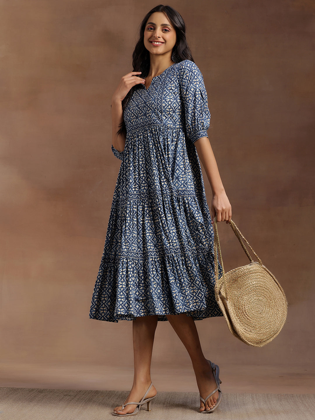 Blue Printed Cotton A-Line Dress