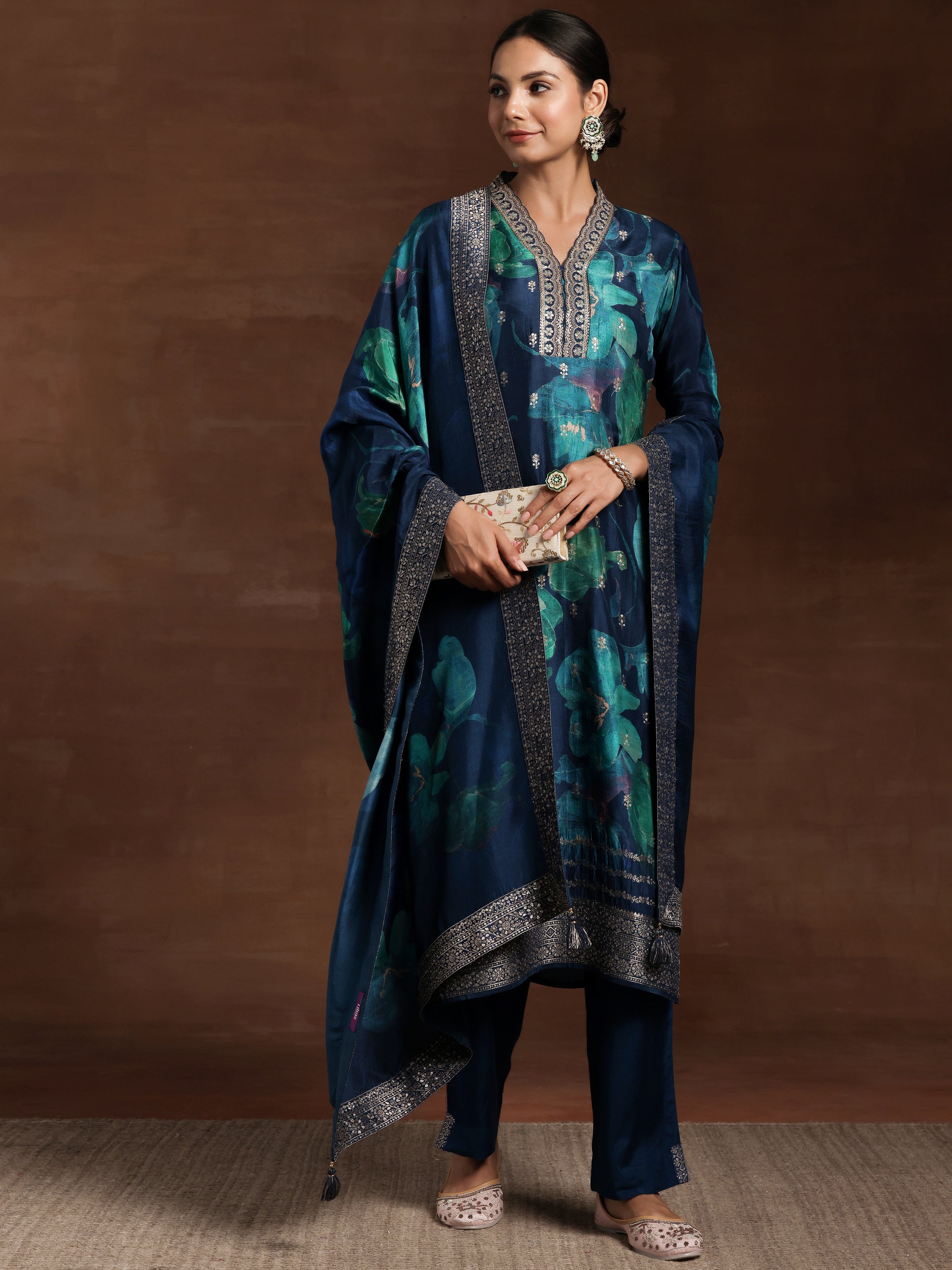 Blue Printed Silk Blend Straight Suit With Dupatta