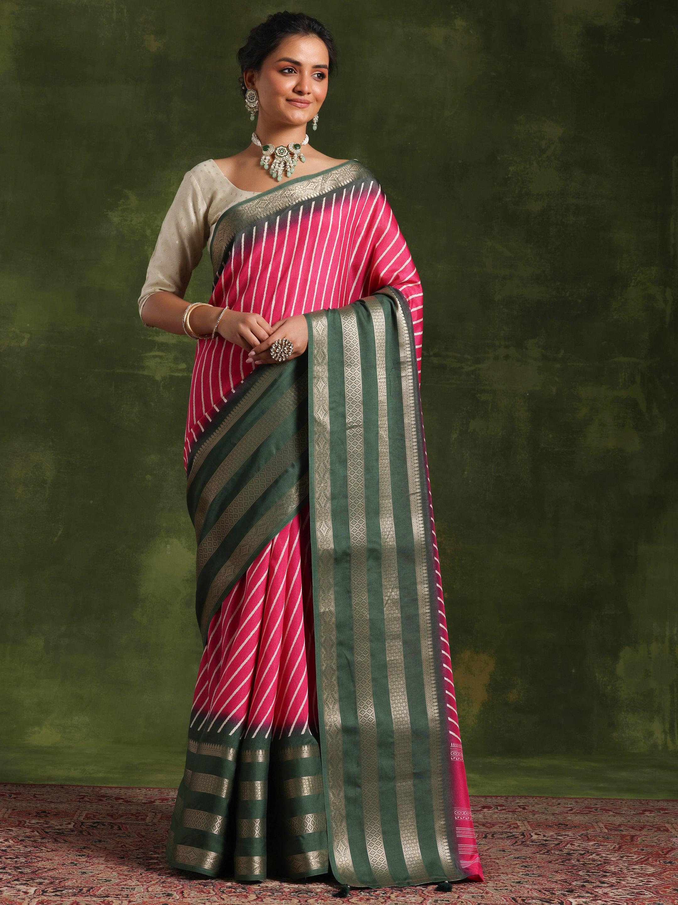 Pink Printed Silk Blend Saree With Unstitched Blouse Piece