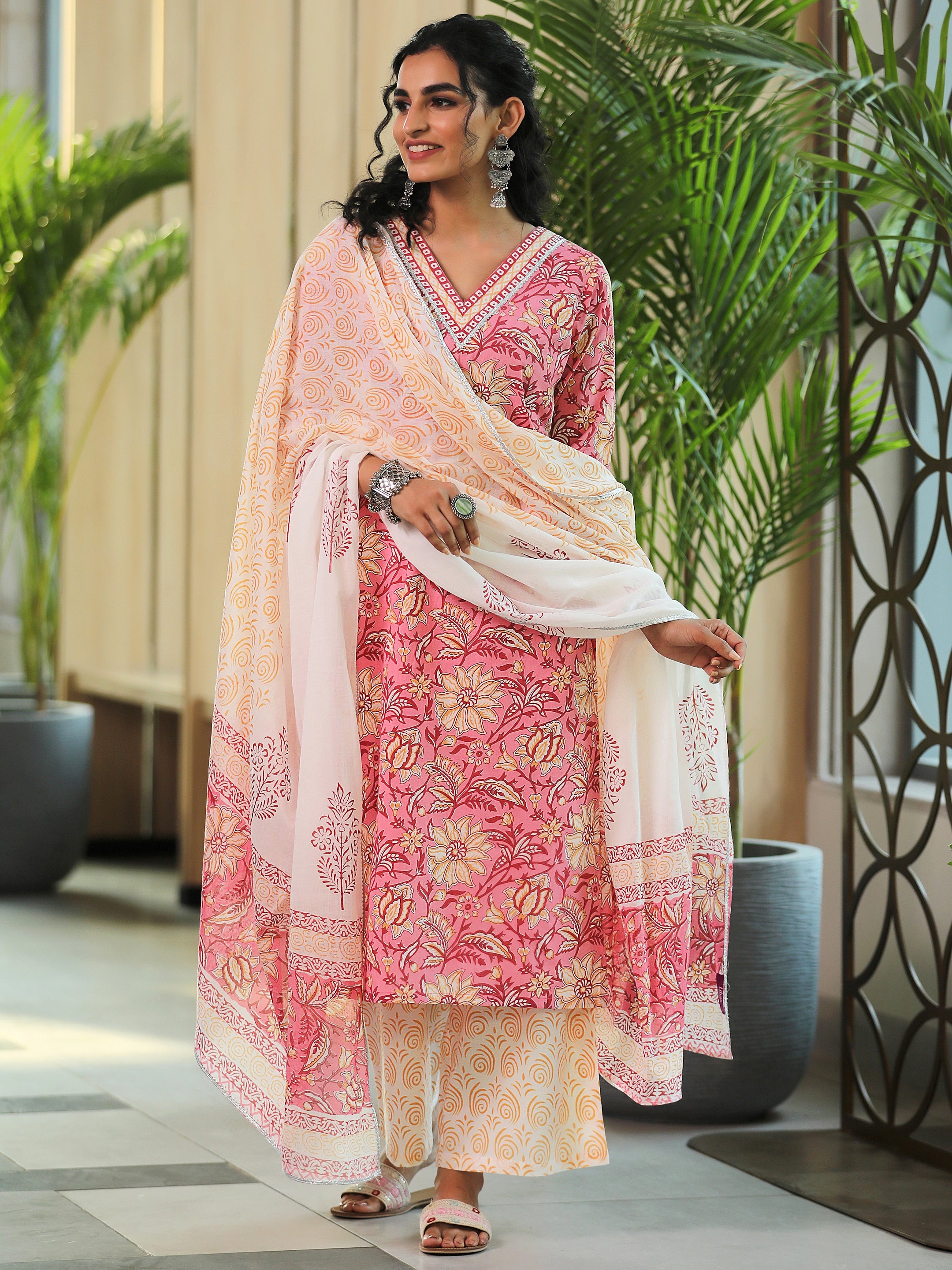 Pink Printed Cotton Straight Suit With Dupatta