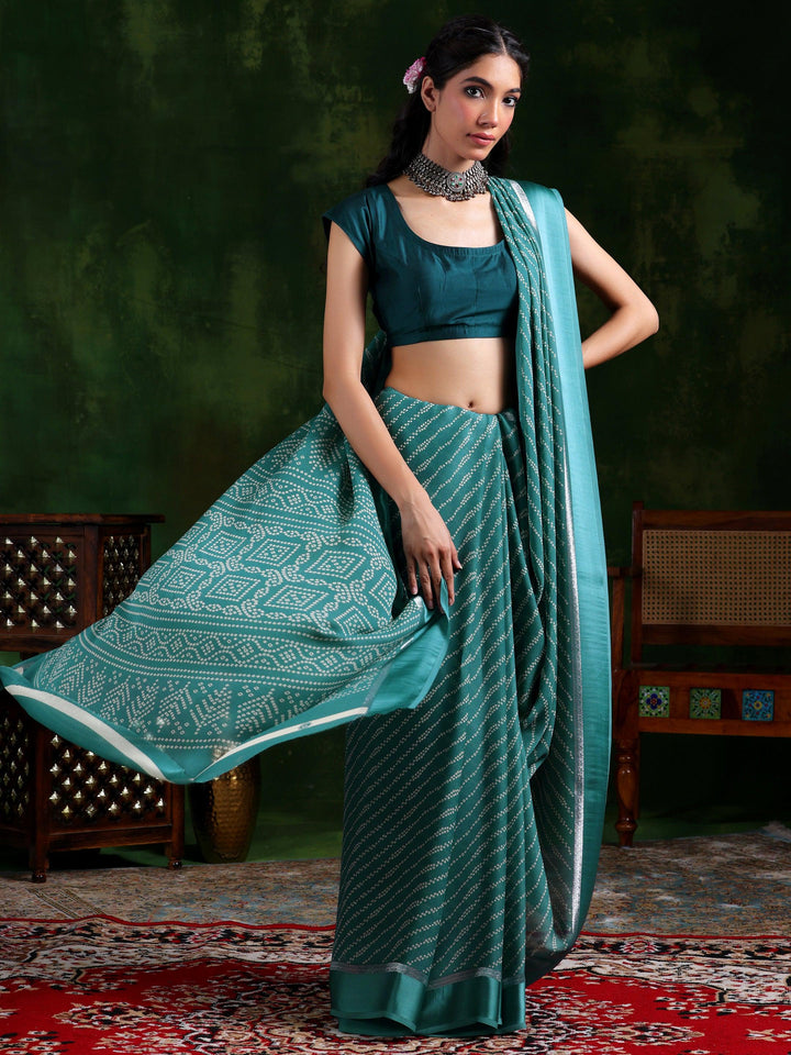 Green Printed Satin Saree With Unstitched Blouse Piece - Libas