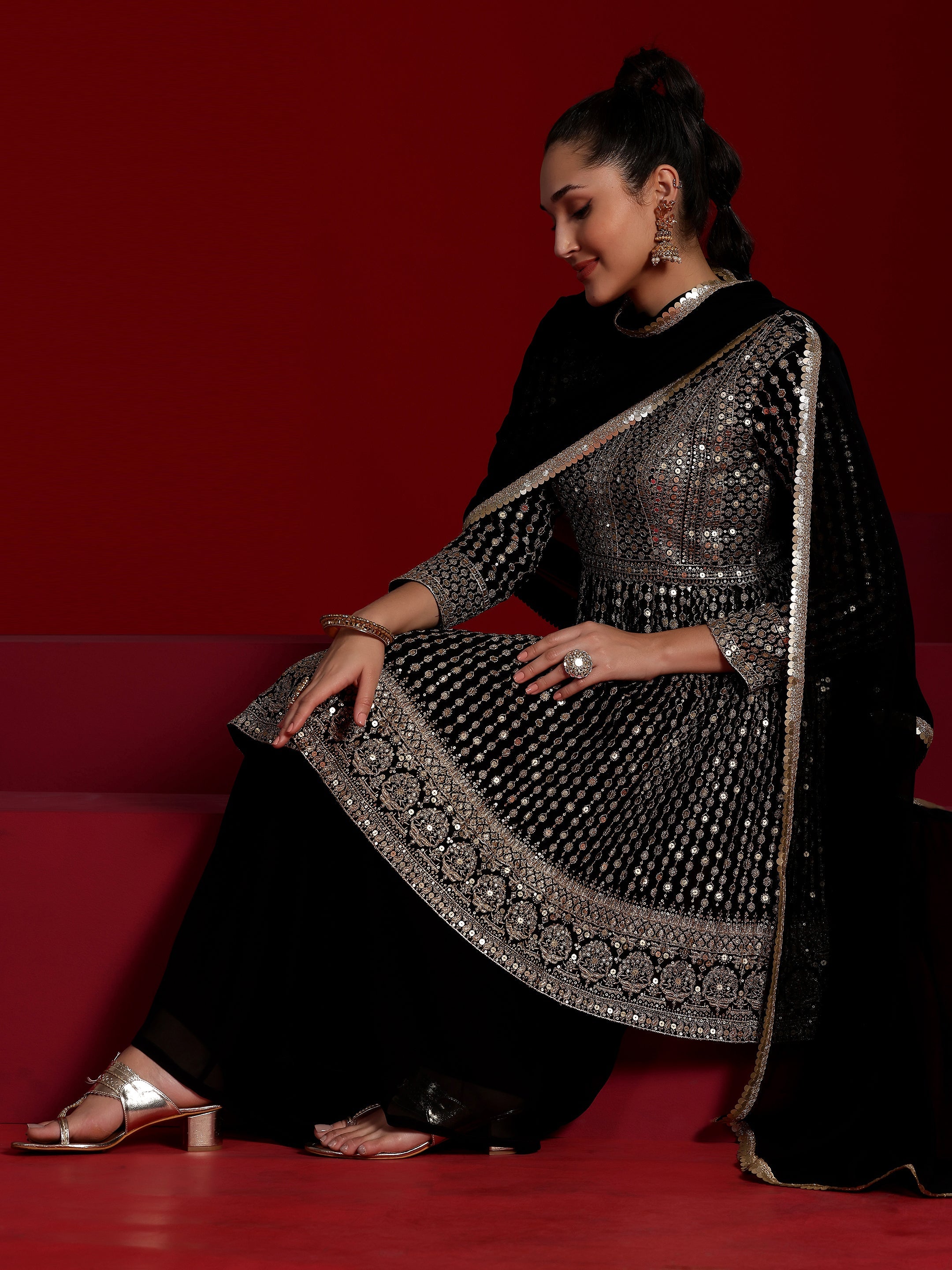 Libas Art Black Embroidered Georgette A-Line Kurta With Palazzos & Dupatta