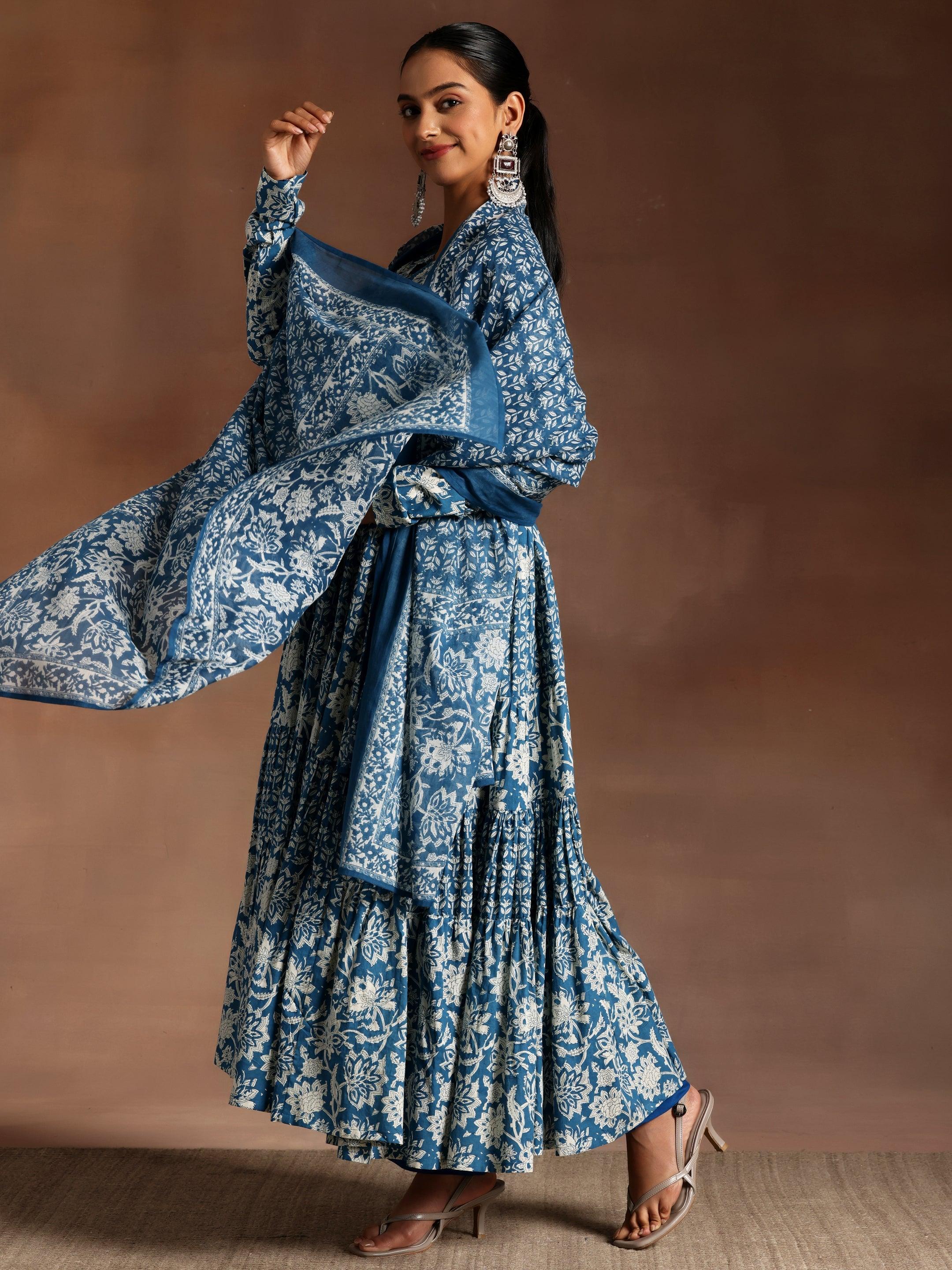 Blue Printed Cotton A-Line Kurta With Trousers & Dupatta