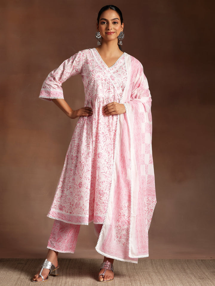 Gulrukh  Pink Printed Cotton A-Line Kurta With Palazzos & Dupatta