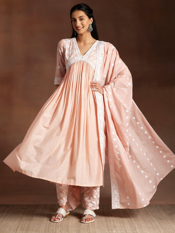 Peach Embroidered Cotton A-Line Kurta With Palazzos & Dupatta - ShopLibas