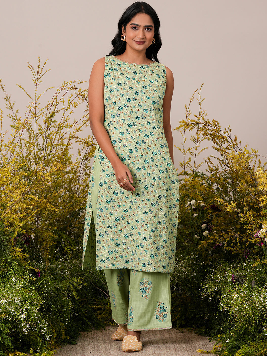 Green Printed Cotton Straight Kurta Set