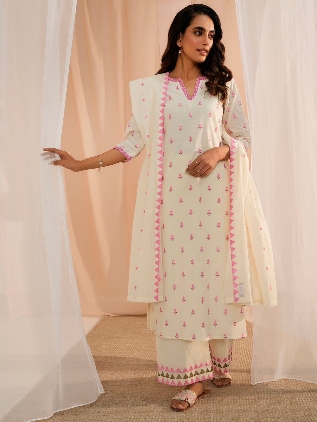 Off White Embroidered Cotton Straight Suit With Dupatta