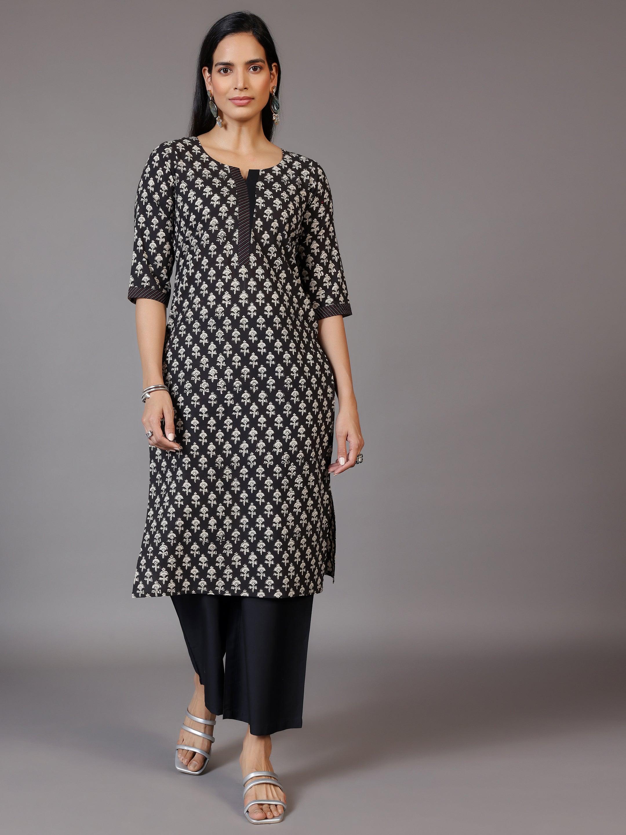 Black Printed Cotton Straight Kurta