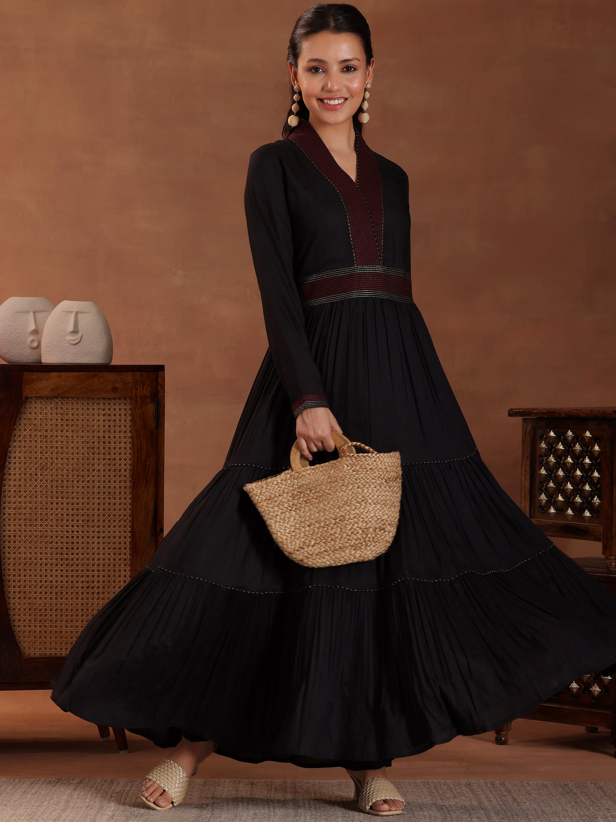 Black Self Design Pure Cotton A-Line Kurta With Sharara & Dupatta