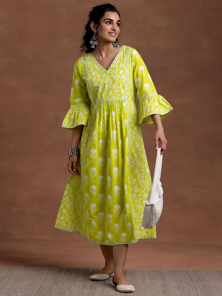 Neon Green Printed Cotton A-Line Dress