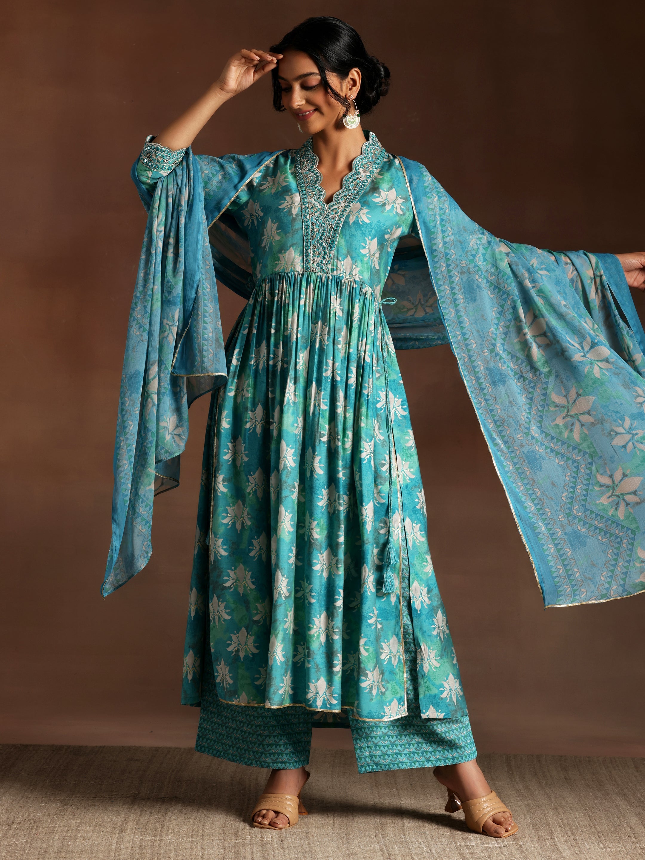 Blue Printed Silk Blend A-Line Kurta With Palazzos & Dupatta