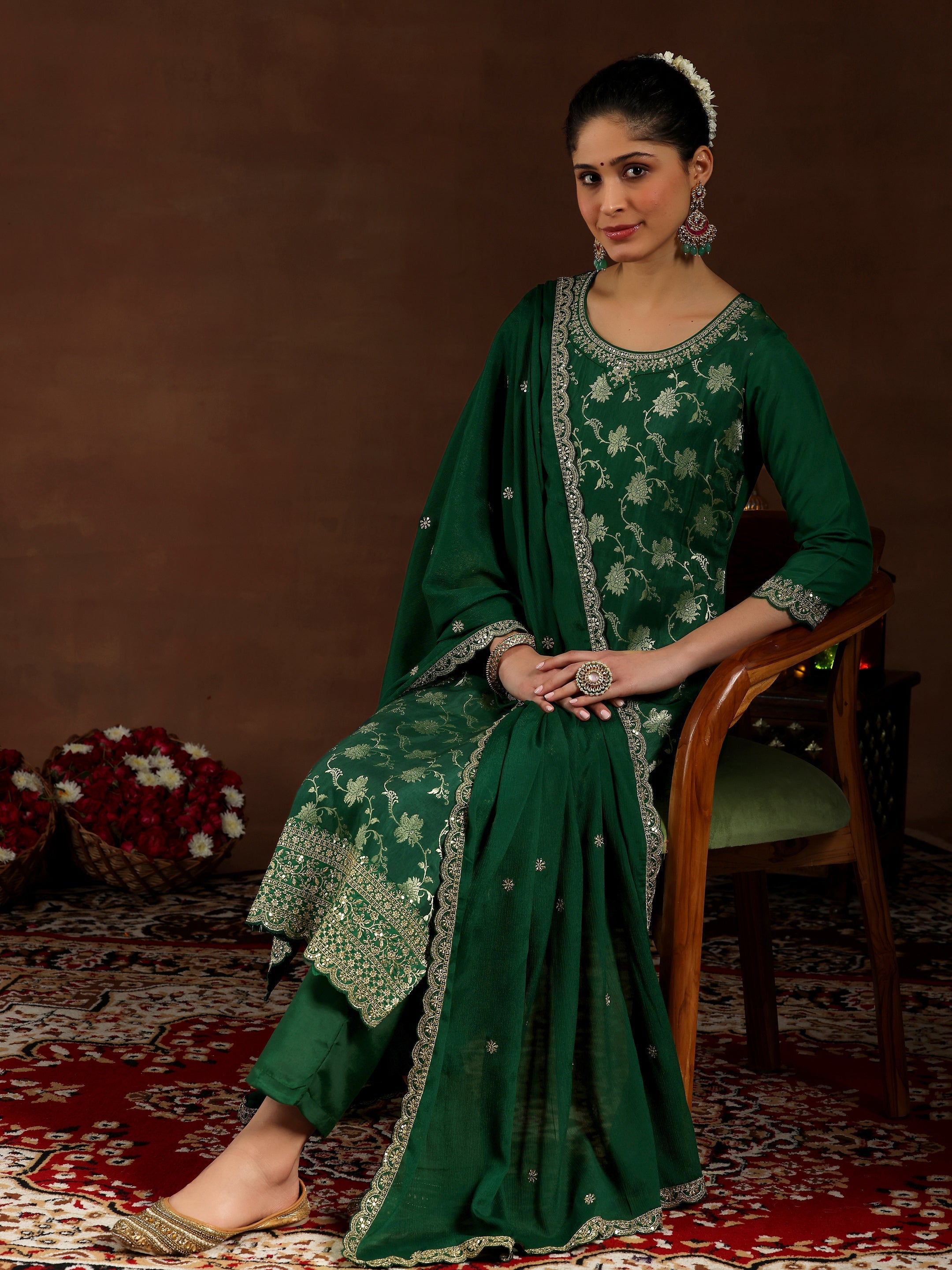 Green Woven Design Silk Blend Straight Suit With Dupatta