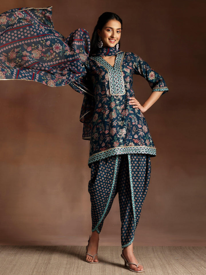 Siah Blue Printed Silk Blend Straight Kurta With Dhoti Pants & Dupatta - ShopLibas