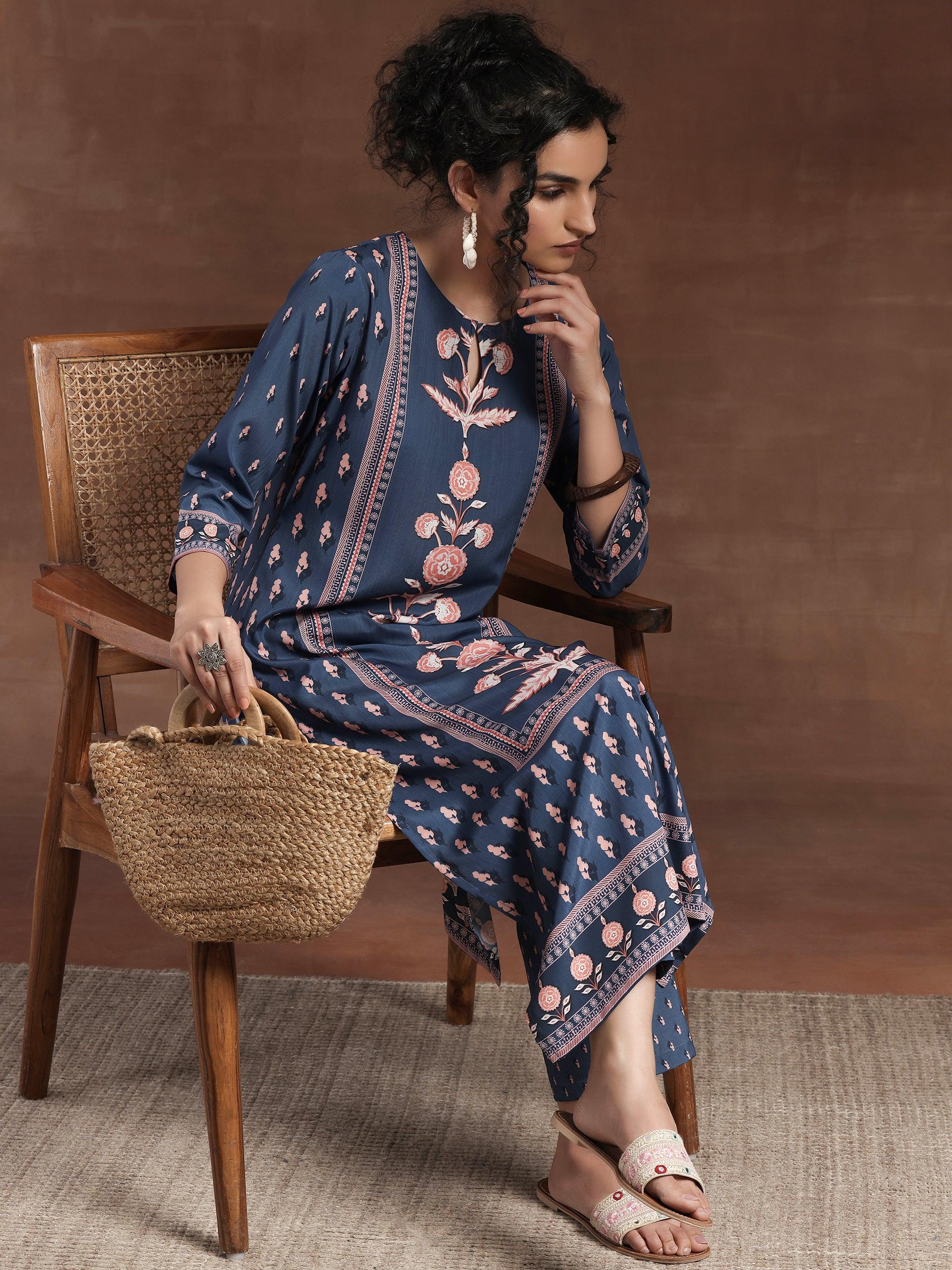 Blue Printed Poly Crepe Straight Kurta Set