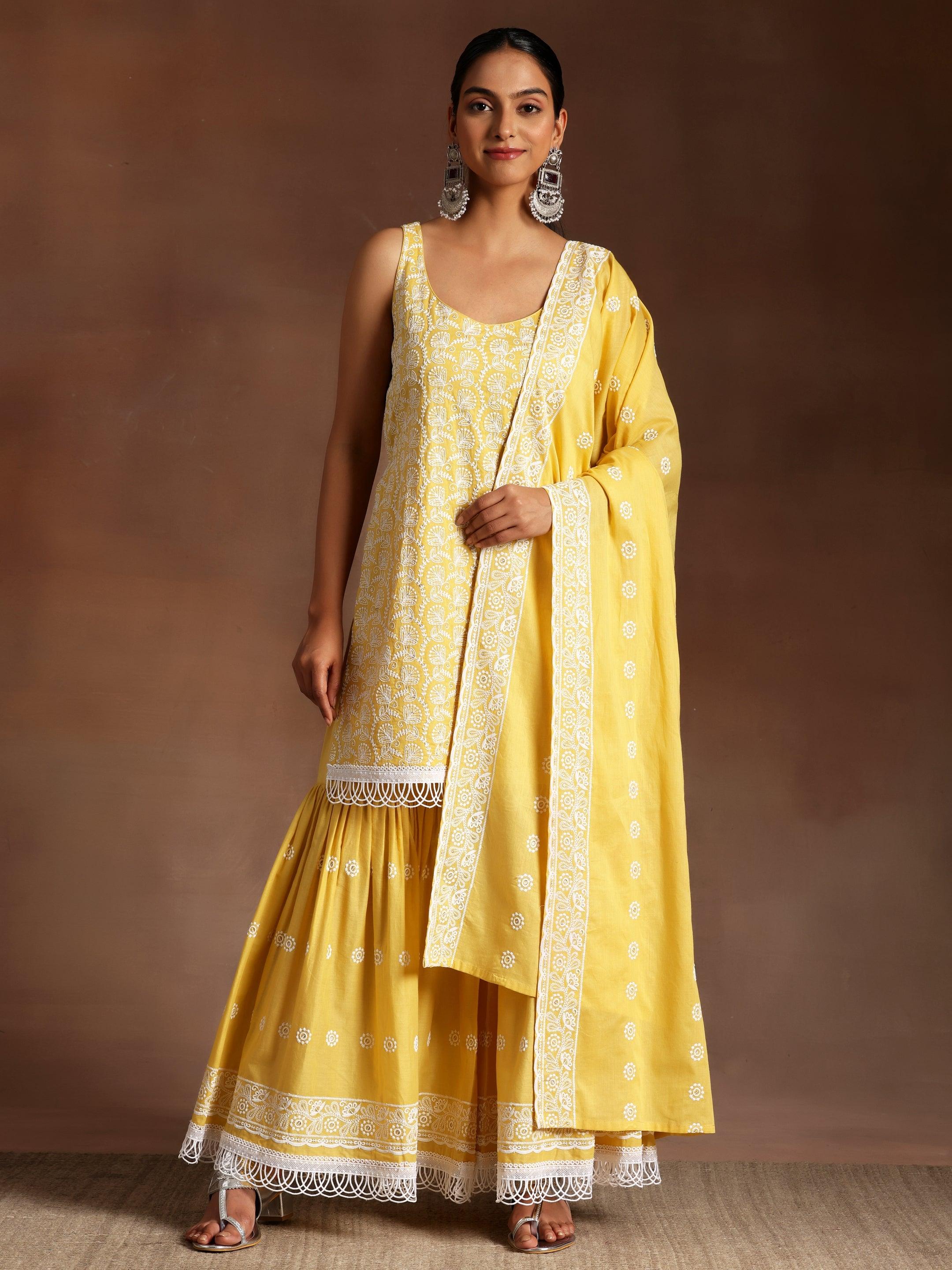 Mustard Embroidered Cotton Straight Suit With Dupatta