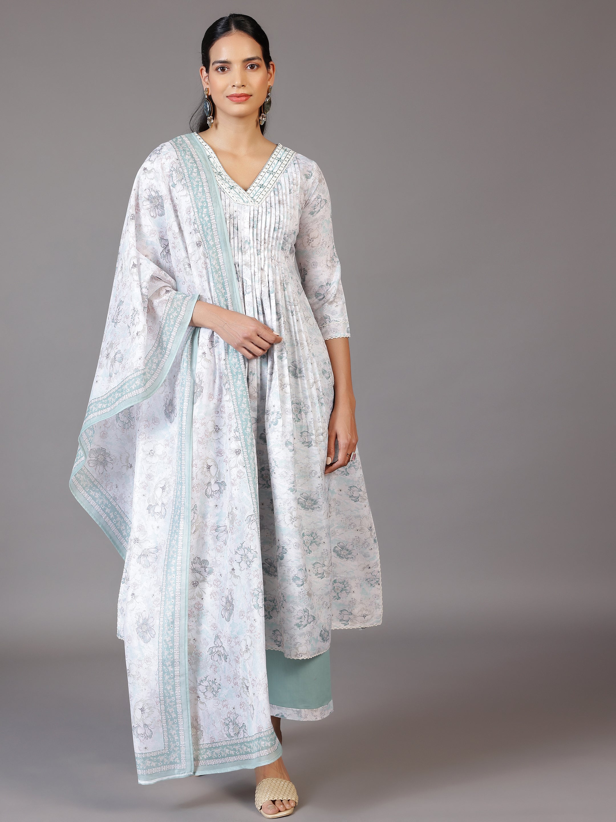 Off White Printed Cotton Blend A-Line Kurta With Palazzos & Dupatta