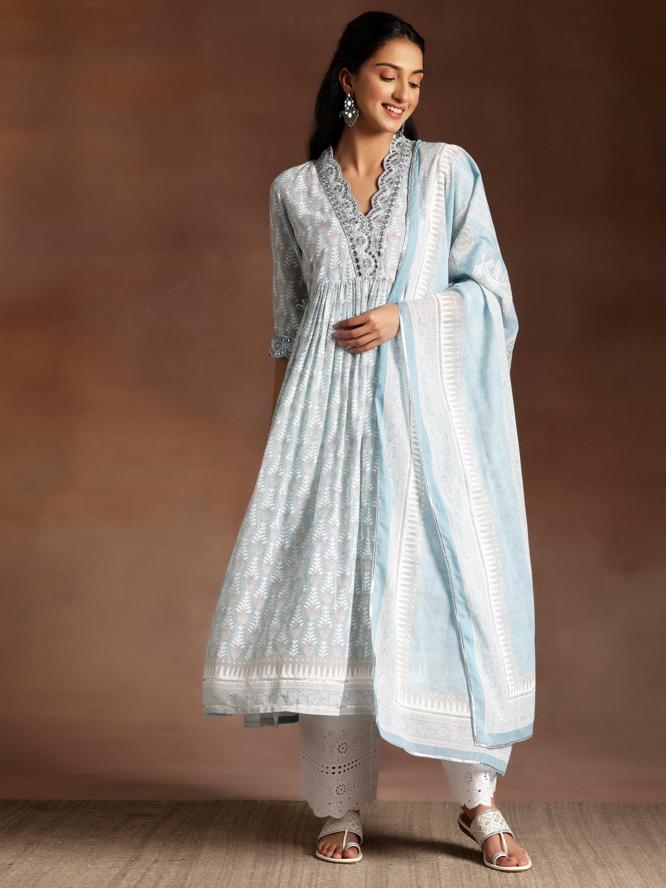 Grey Printed Cotton A-Line Kurta With Palazzos & Dupatta