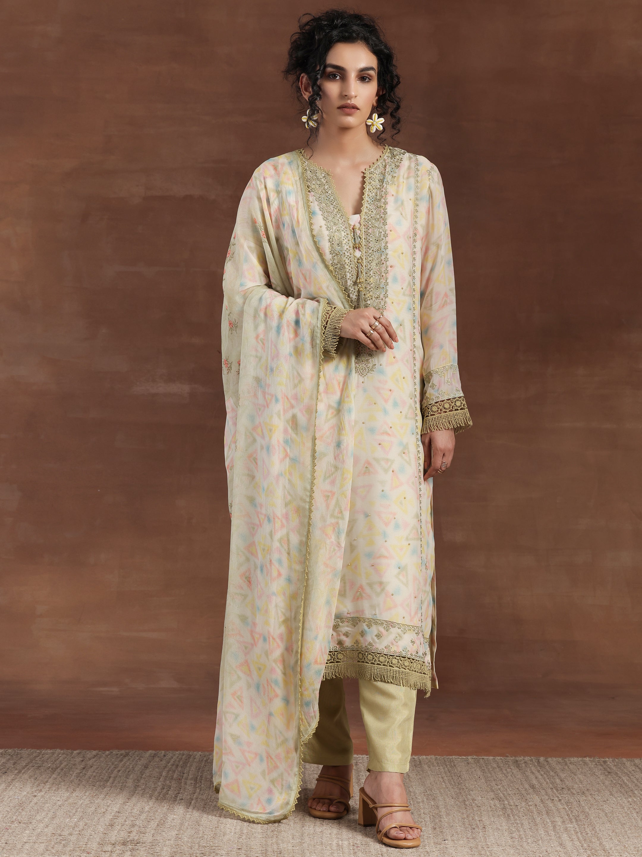 Olive Embroidered Organza Straight Suit With Dupatta