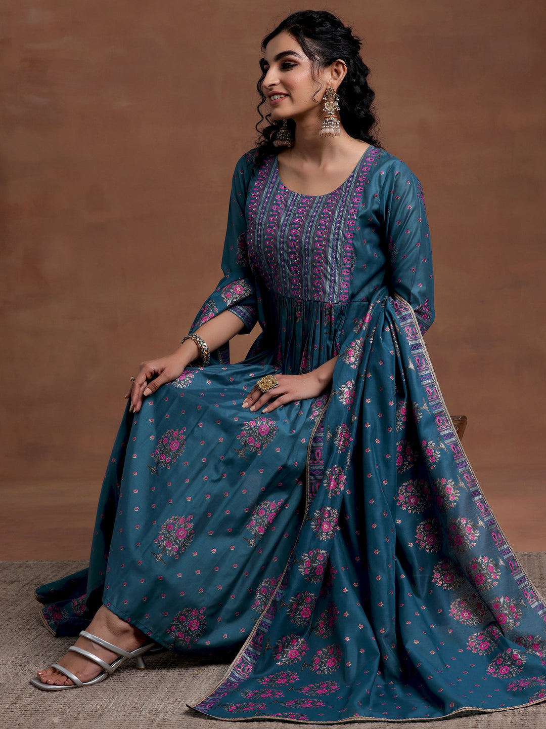 Blue Printed Silk Blend A-Line Kurta With Palazzos & Dupatta