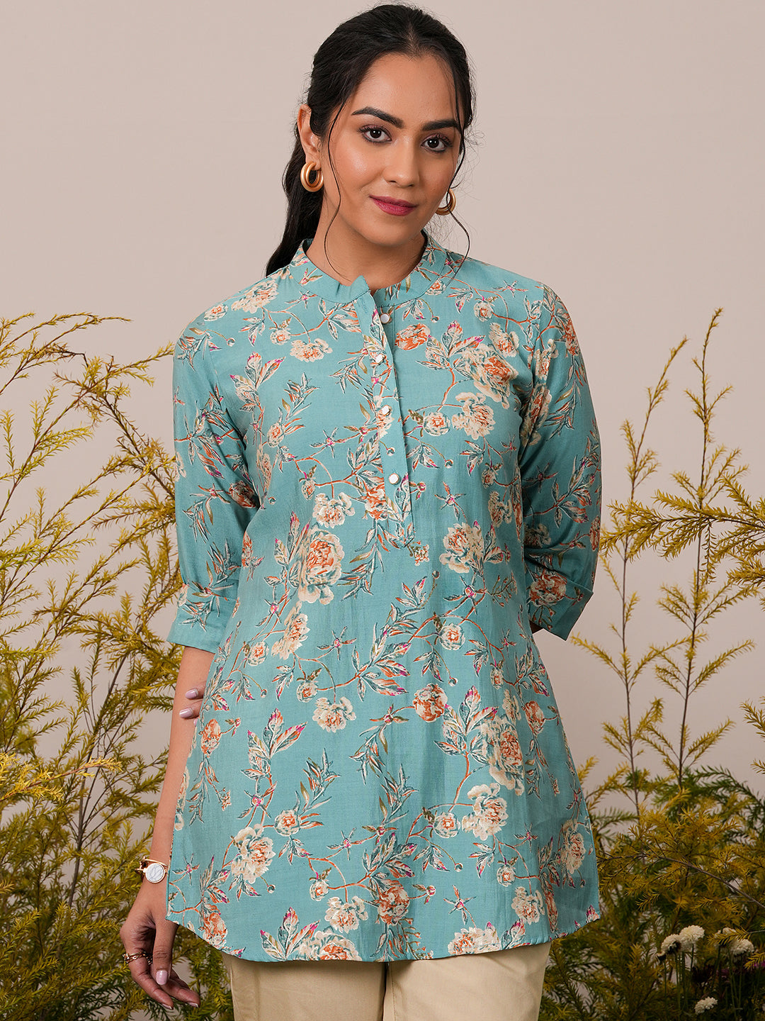 Blue Printed Silk Blend A-Line Kurti