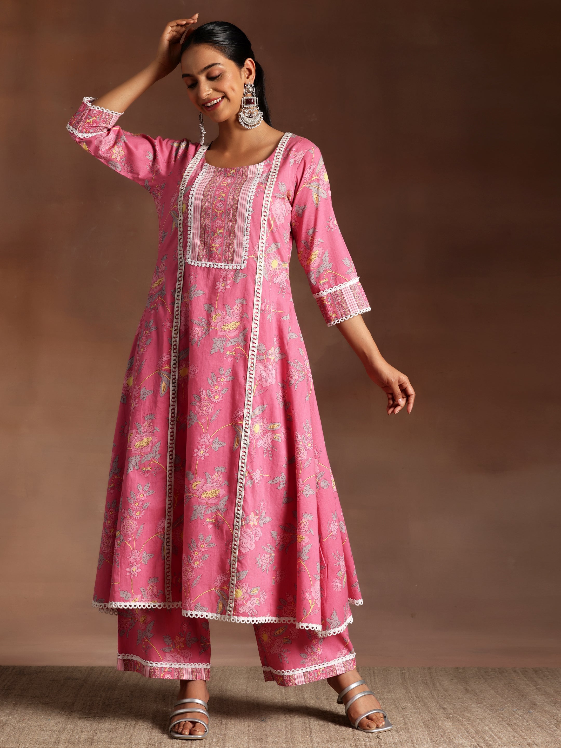 Saahiti Pink Printed Cotton A-Line Kurta With Palazzos