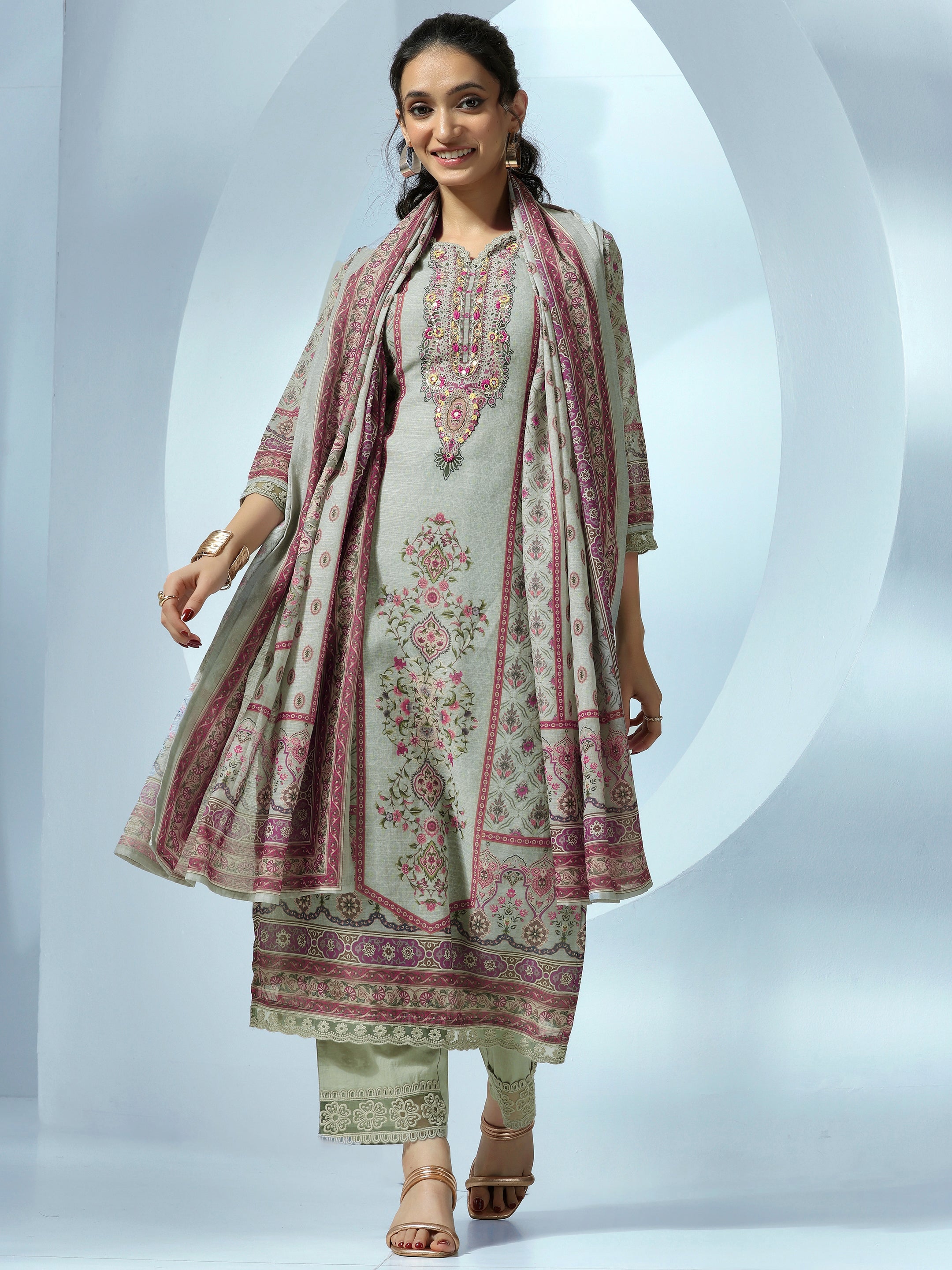 Grey Printed Linen Straight Suit With Dupatta