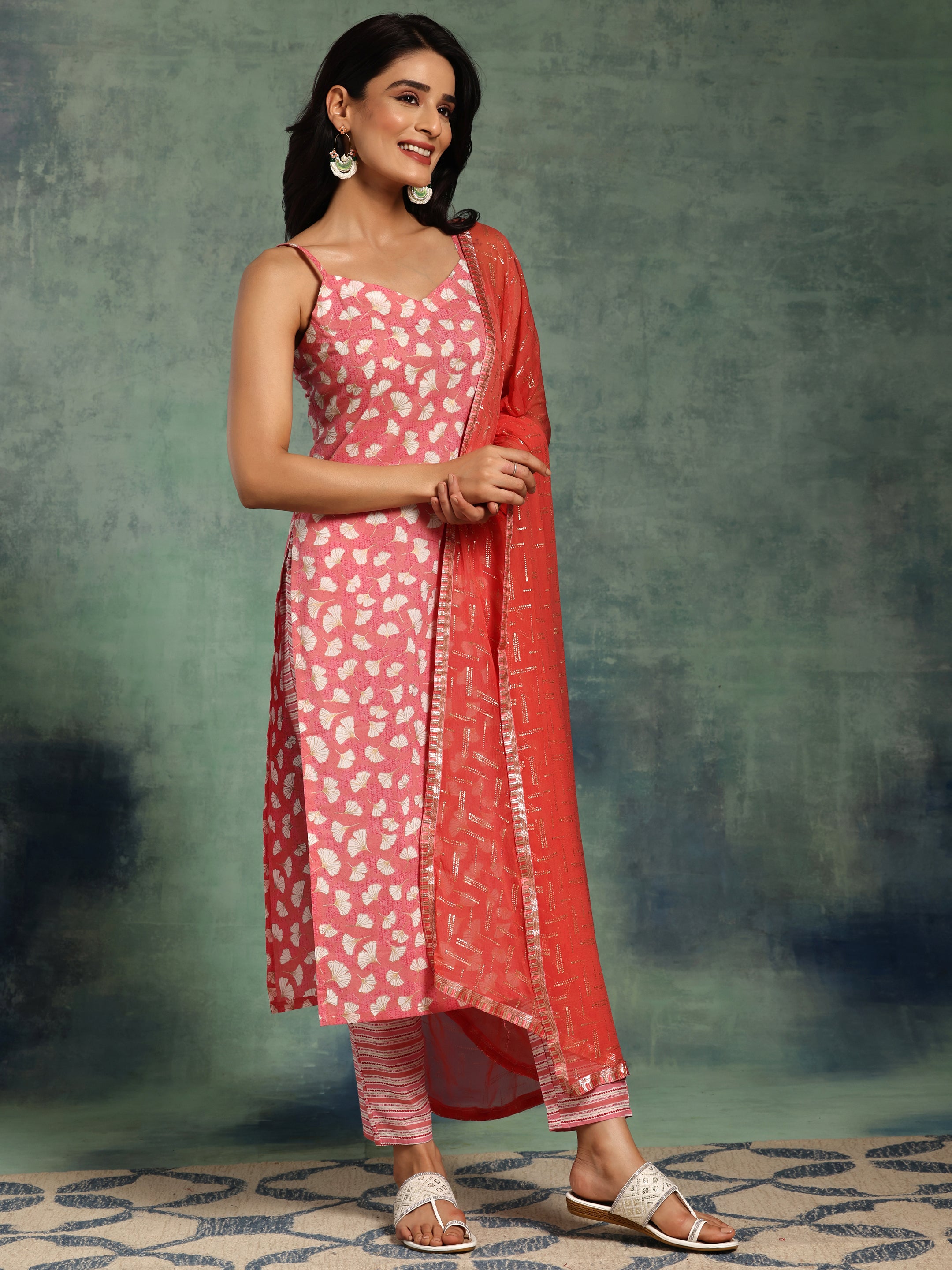 Coral Printed Cotton Straight Suit With Dupatta