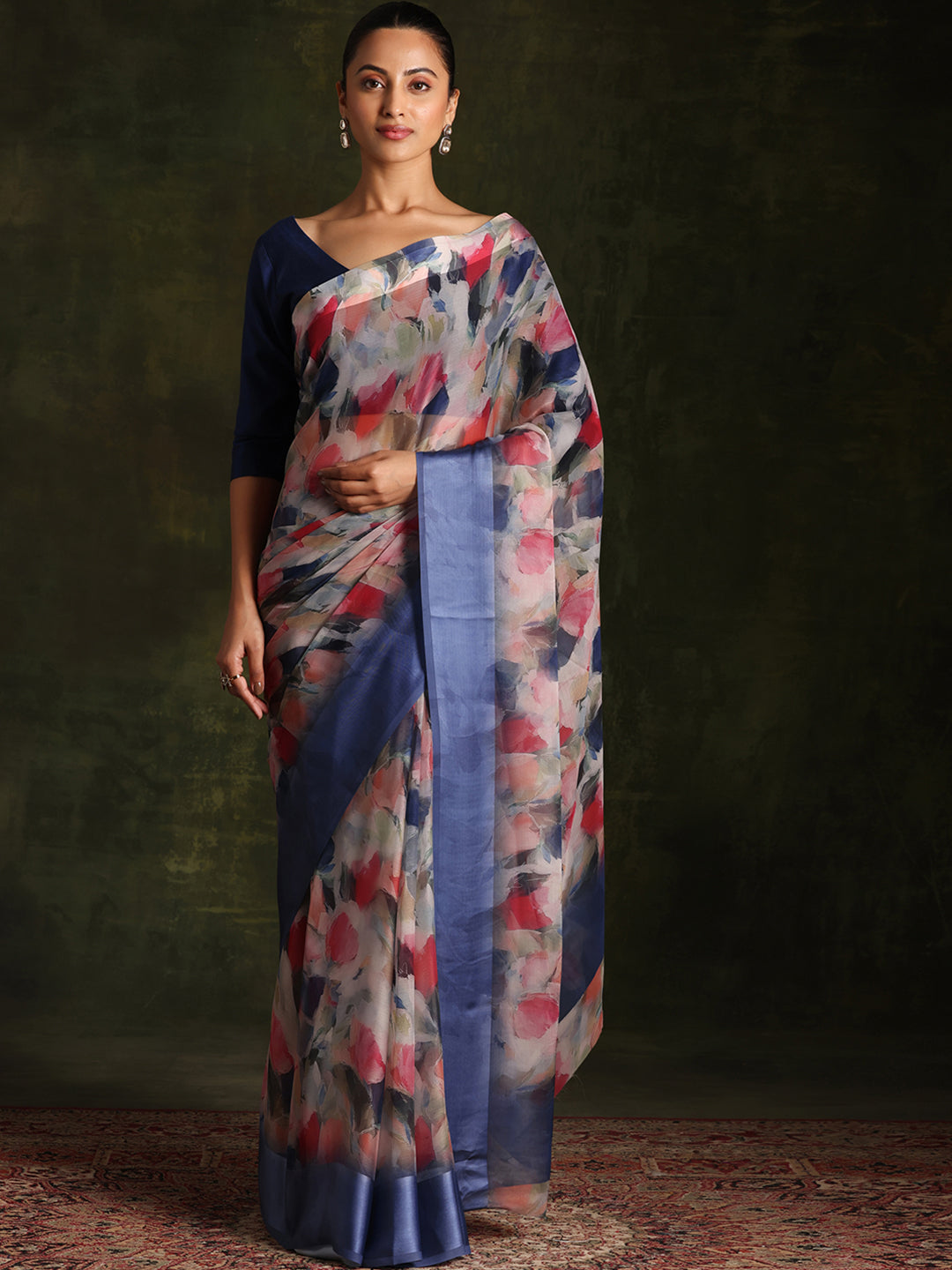 Multicoloured Printed Silk Blend Saree With Unstitched Blouse Piece