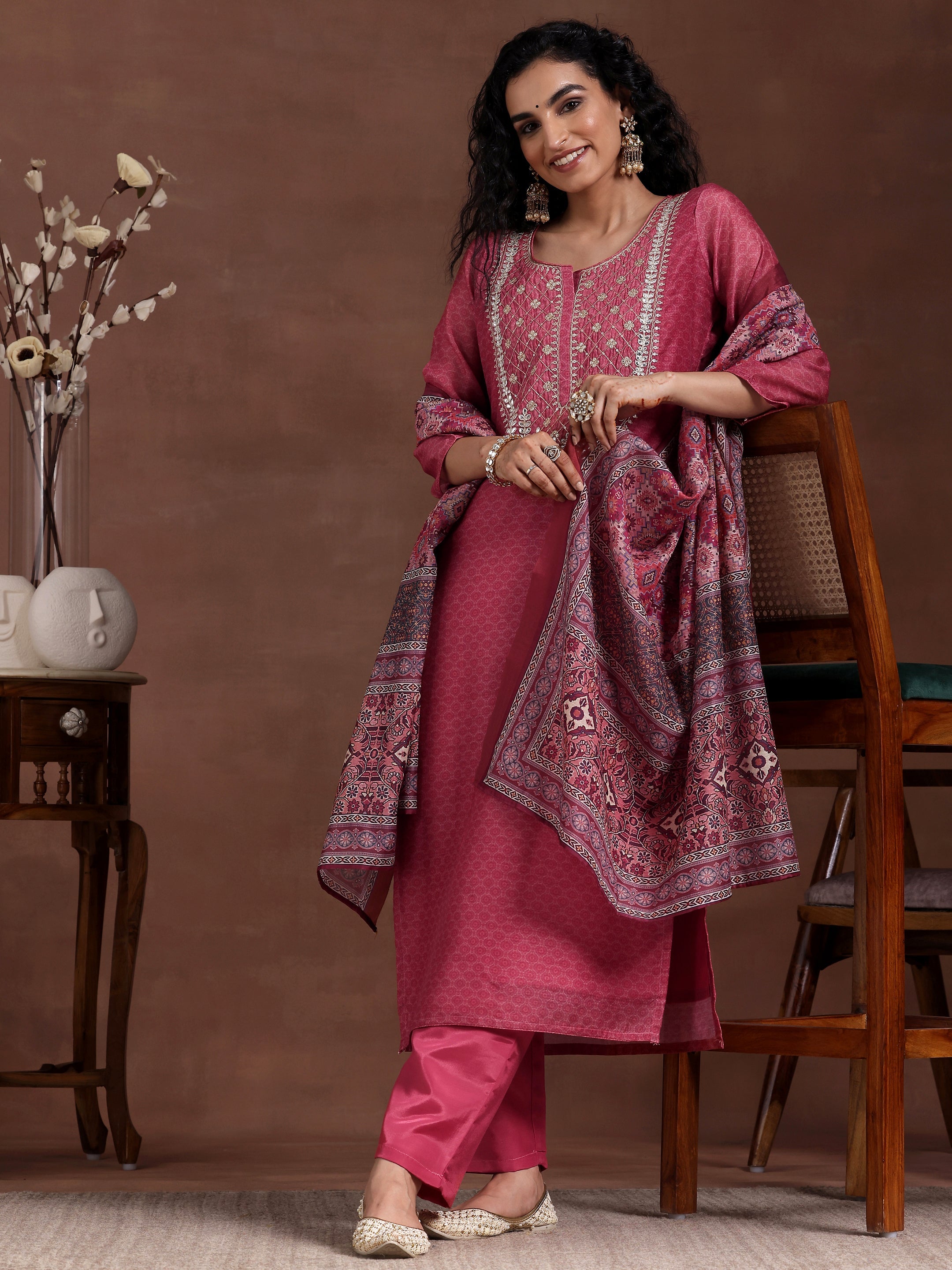 Pink Printed Silk Blend Straight Suit With Dupatta