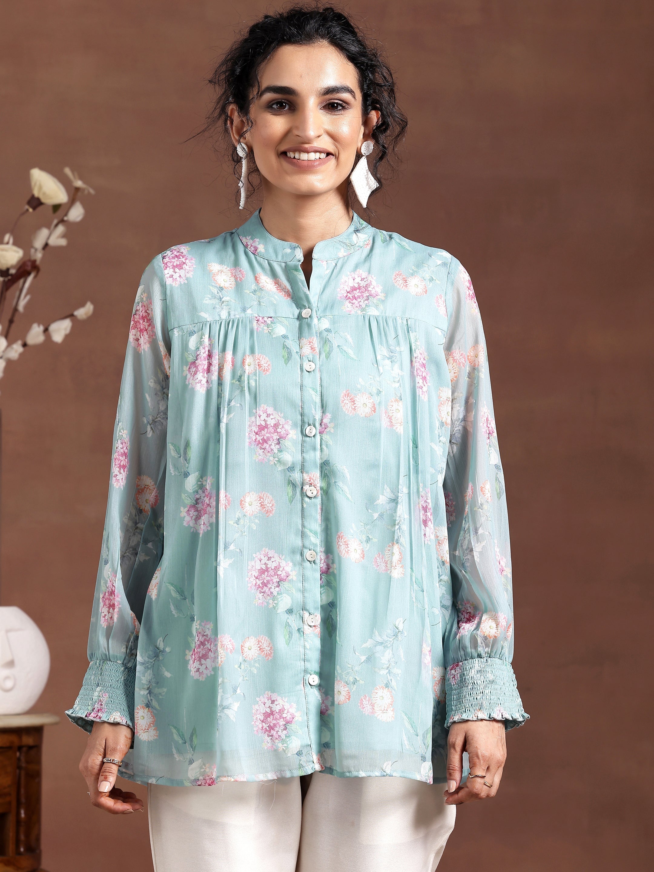 Blue Printed Chiffon A-Line Kurti