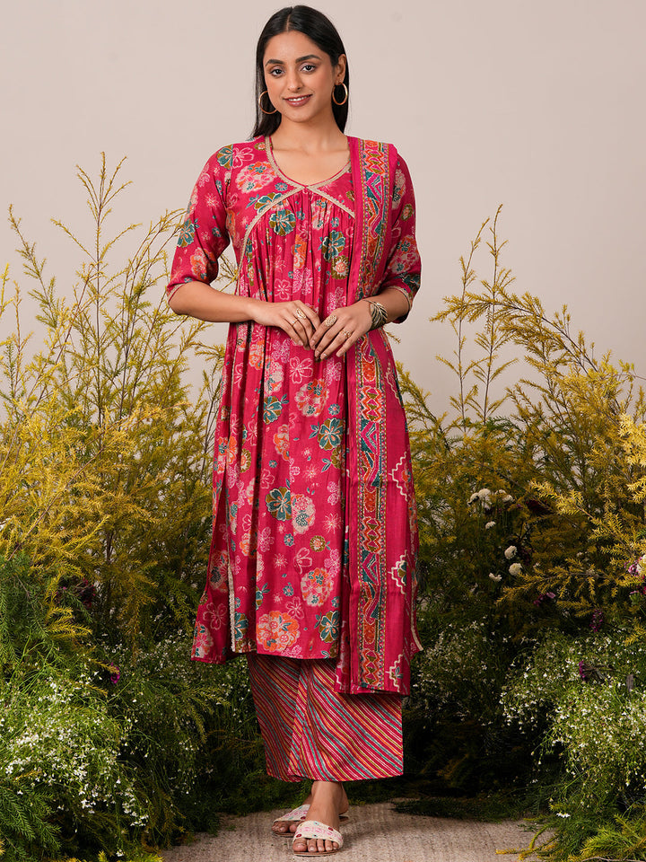 Pink Printed Silk Blend A-Line Kurta With Palazzos & Dupatta - ShopLibas