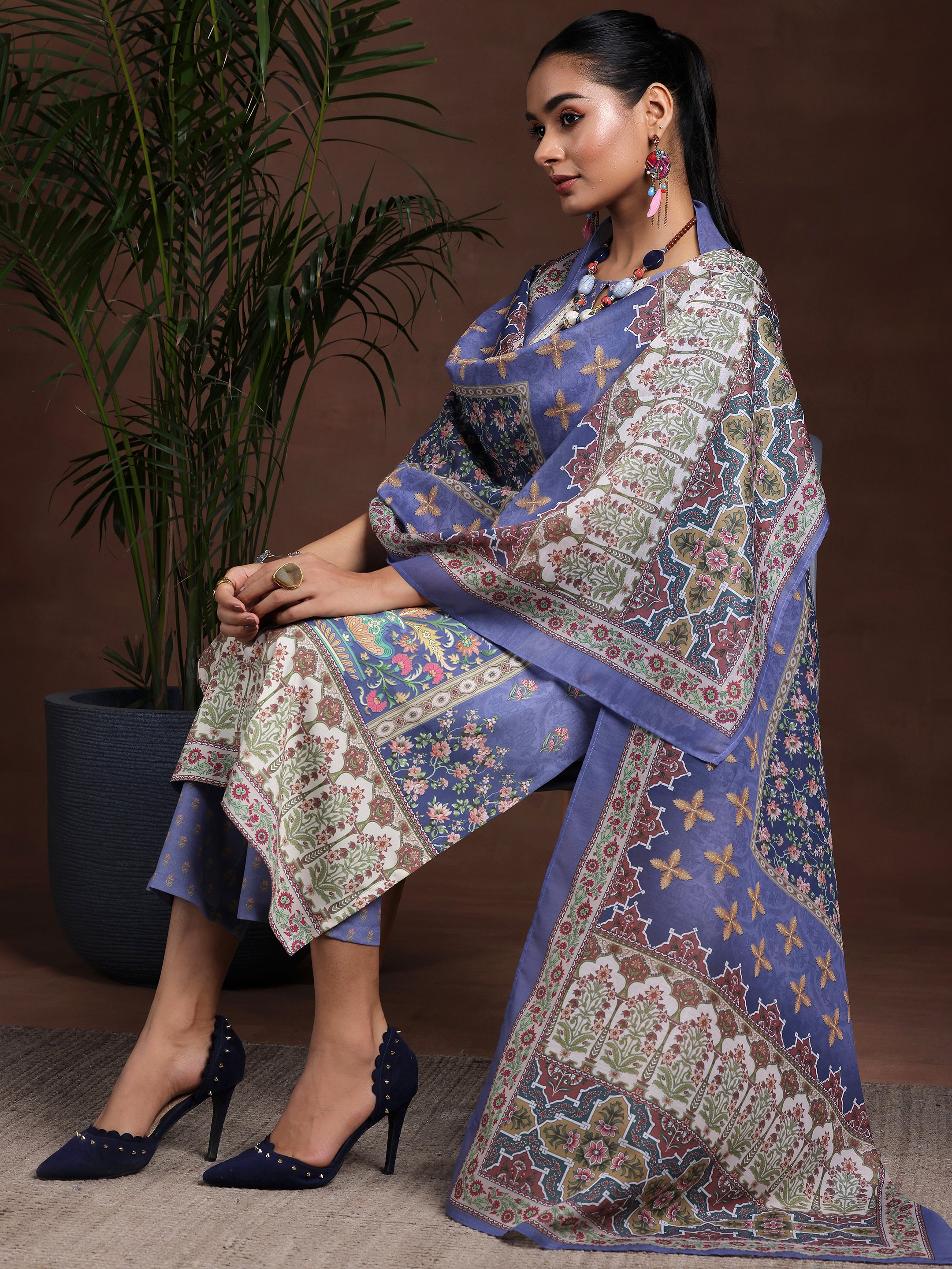 Purple Printed Poly Crepe Straight Suit With Dupatta