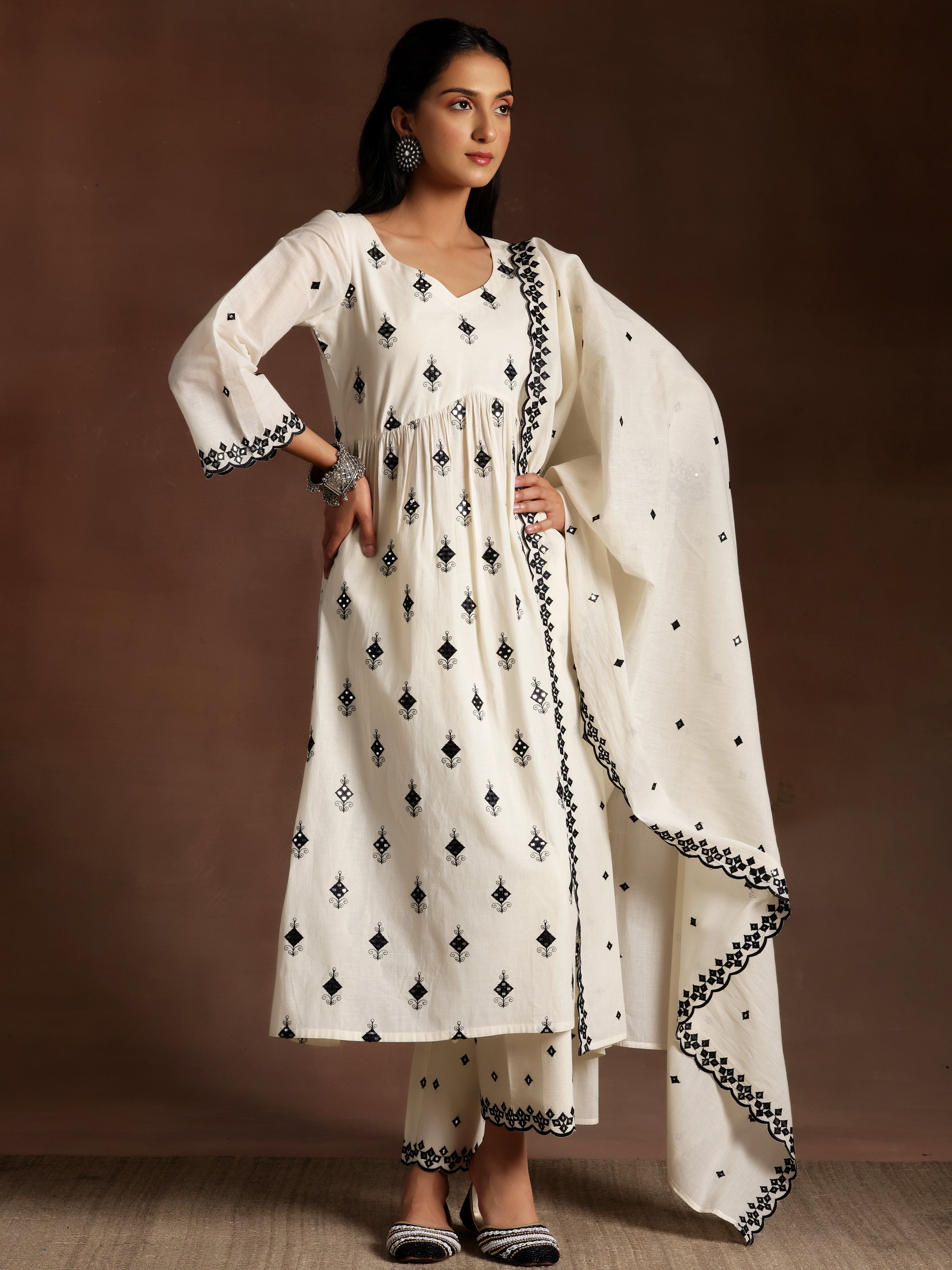 Off White Embroidered Cotton Anarkali Suit With Dupatta