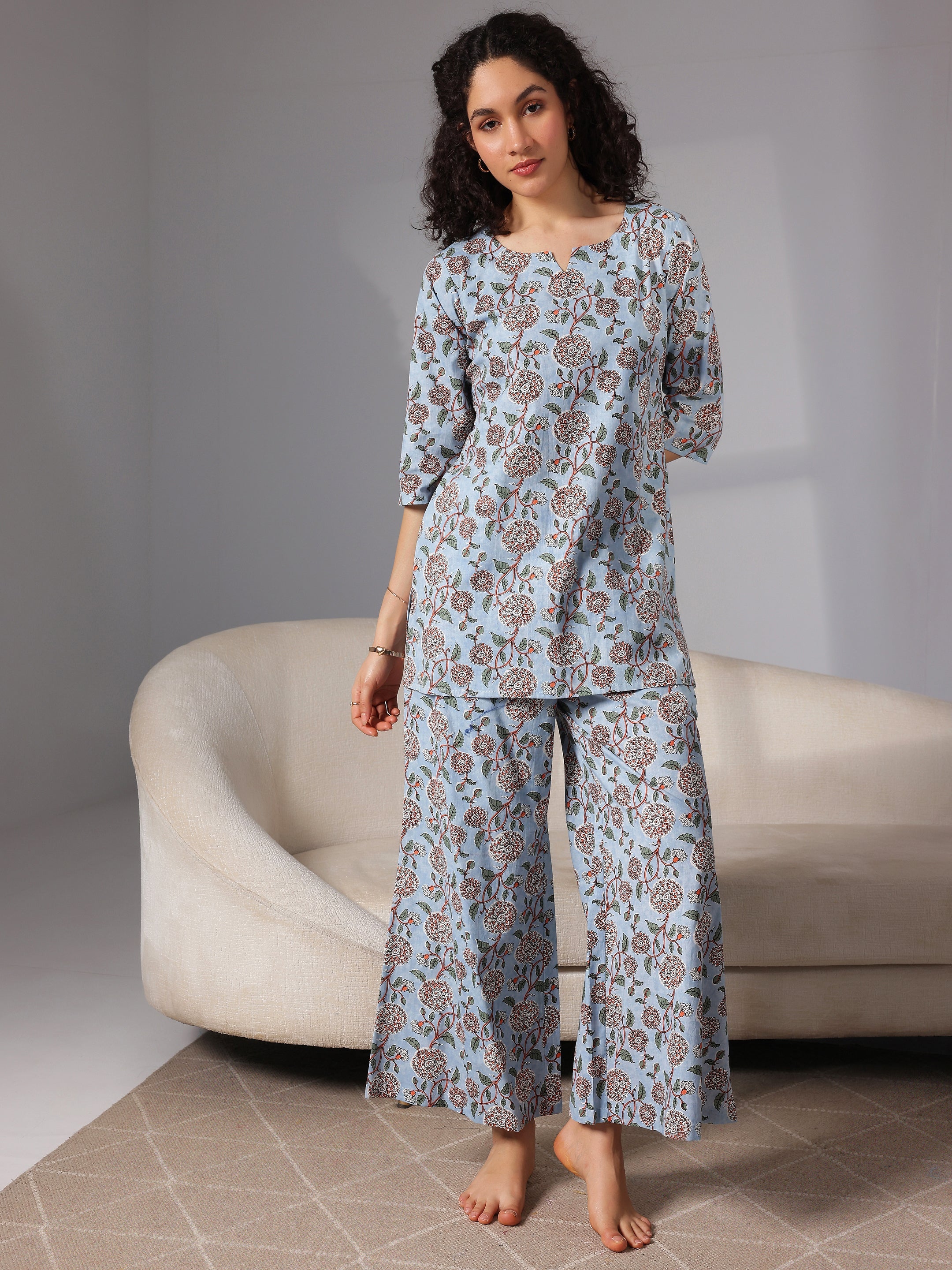 Blue Printed Cotton Night Suits