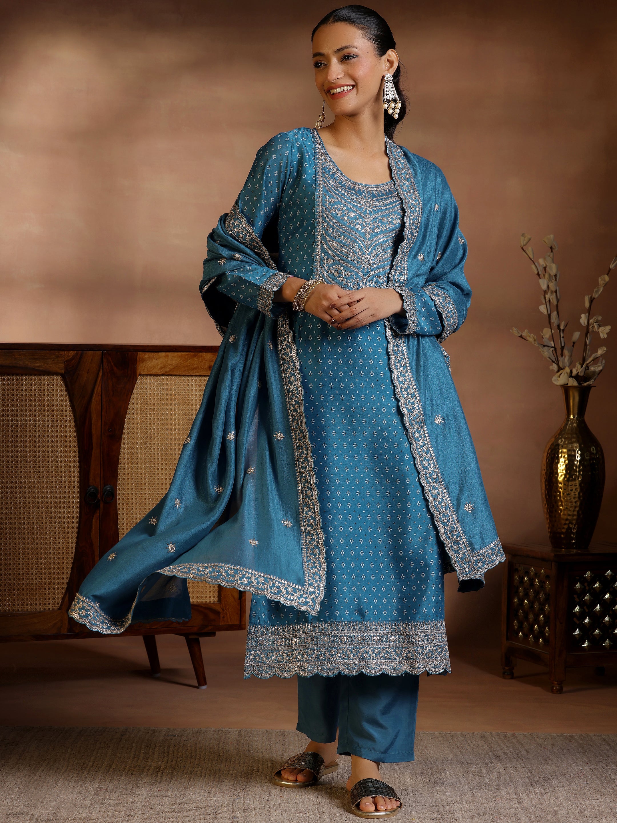 Blue Printed Silk Blend Straight Suit With Dupatta