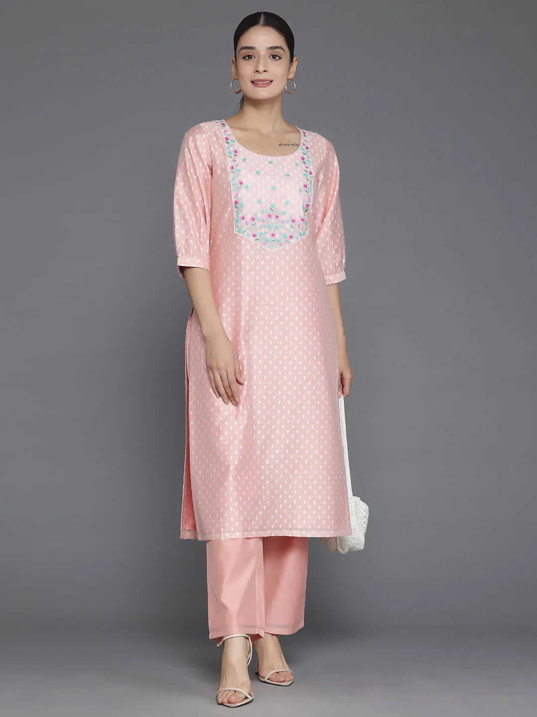 Peach Printed Chanderi Silk Straight Kurta Set