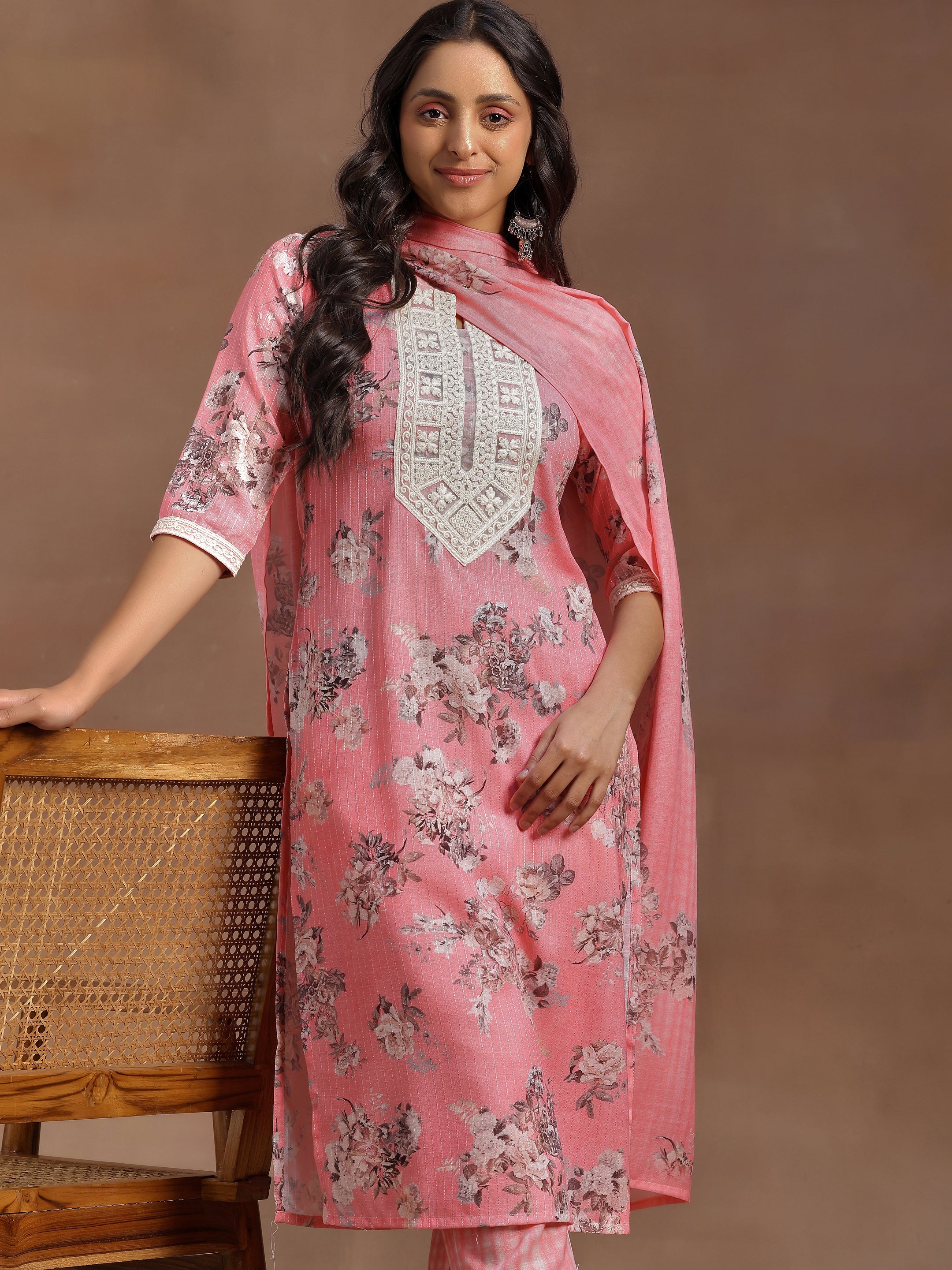 Pink Printed Cotton Straight Suit With Dupatta