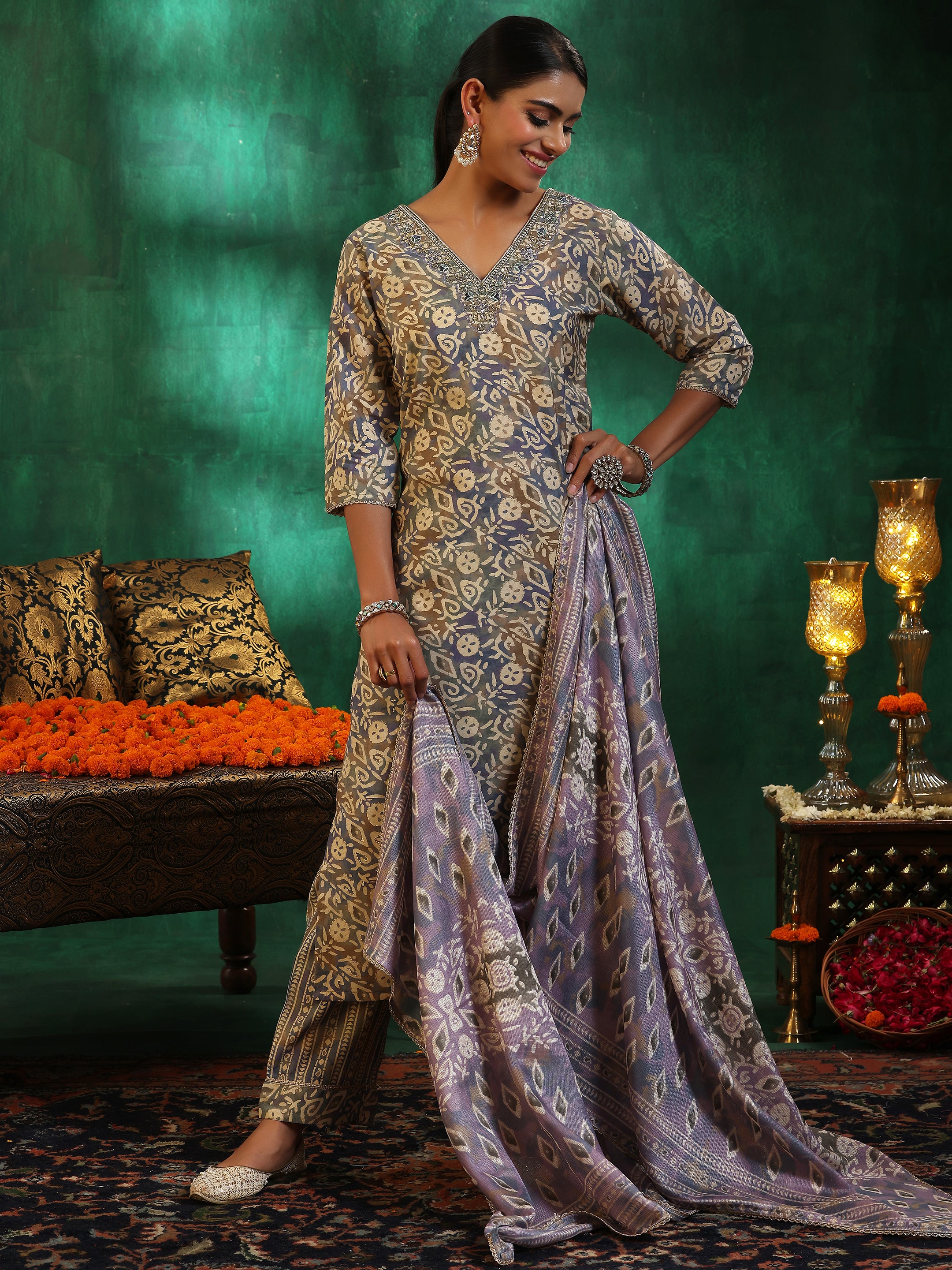 Mauve Printed Silk Blend Straight Suit With Dupatta