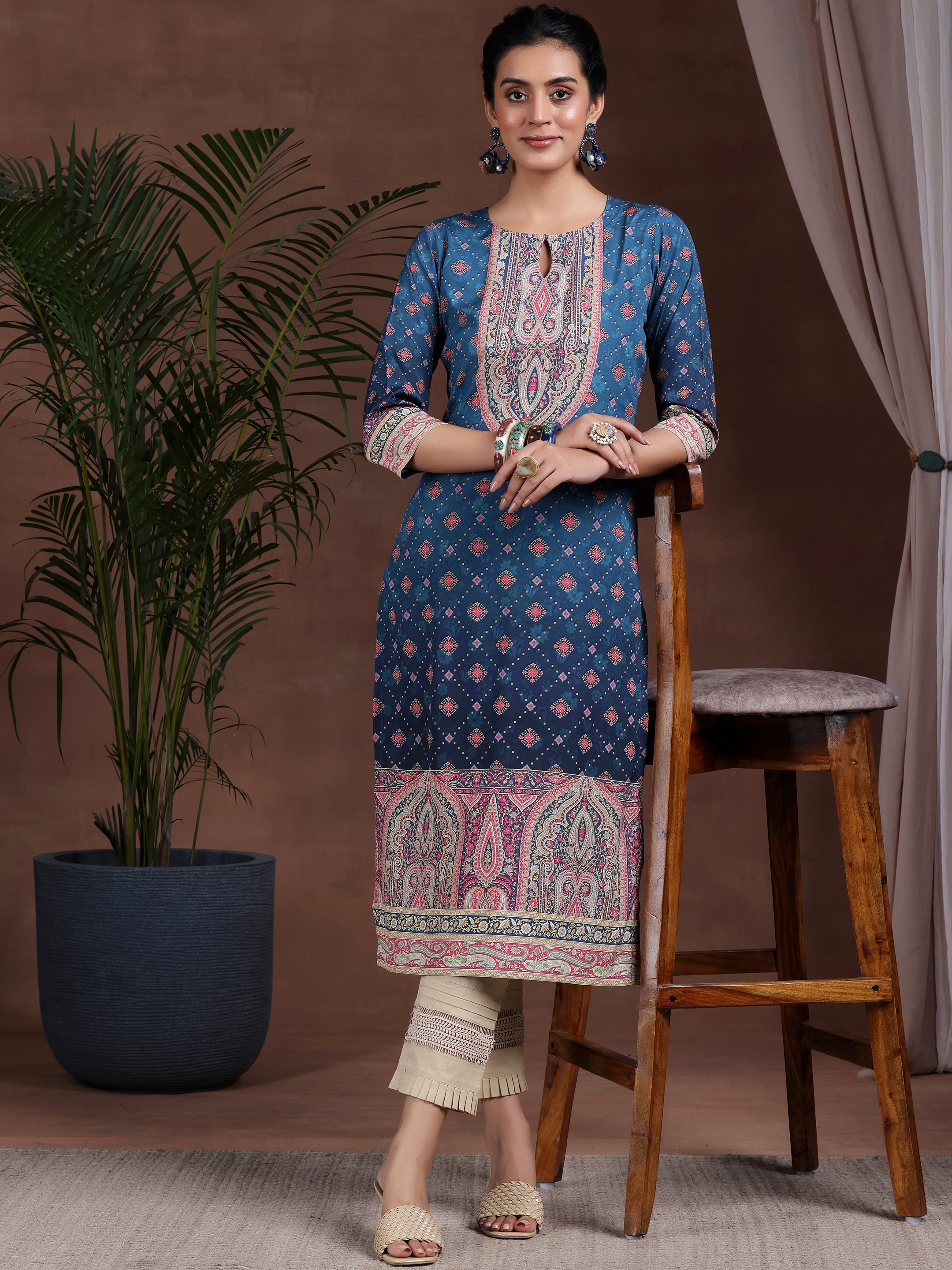 Blue Printed Crepe Straight Kurta