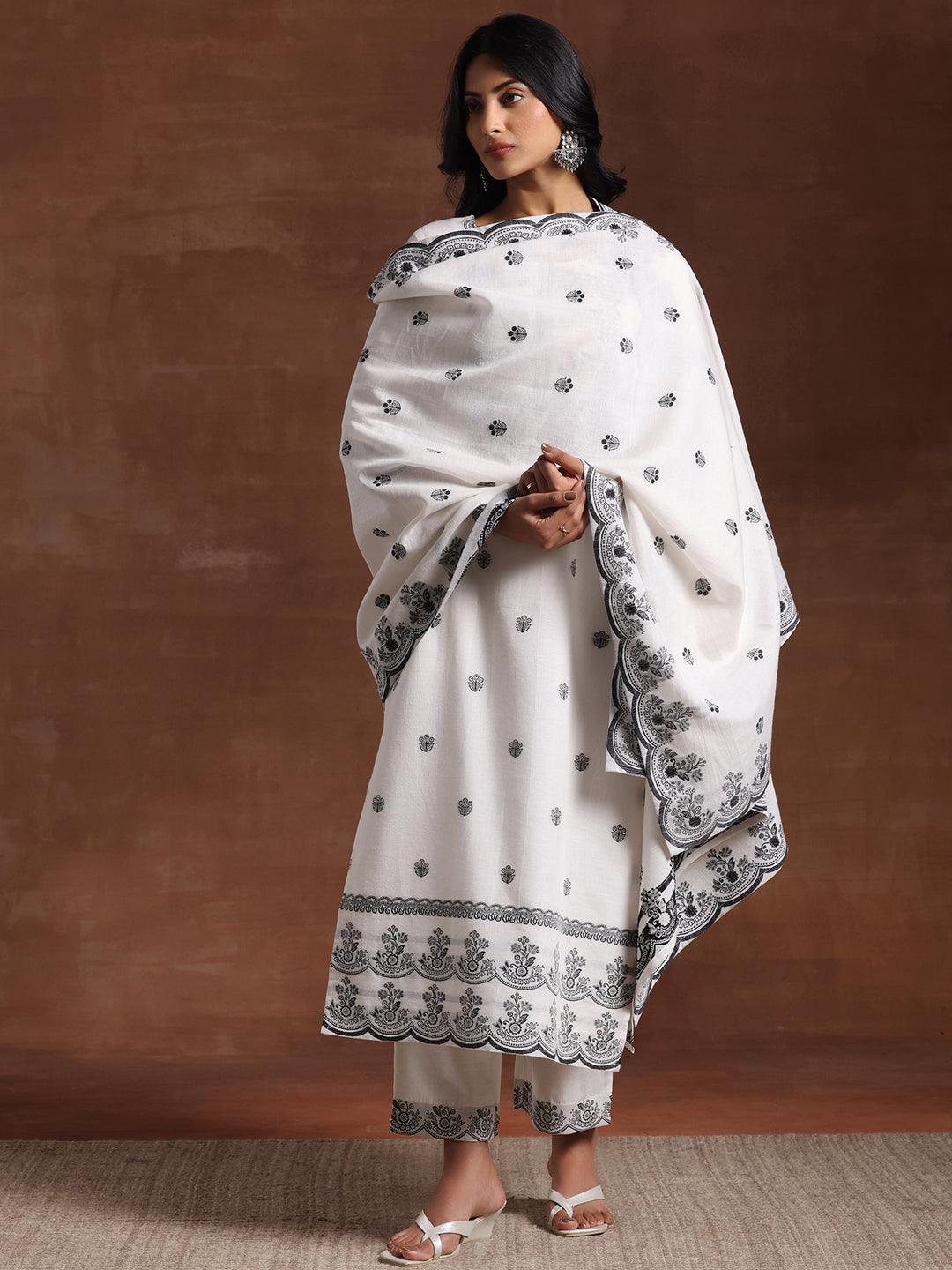 White Woven Design Cotton Straight Suit With Dupatta