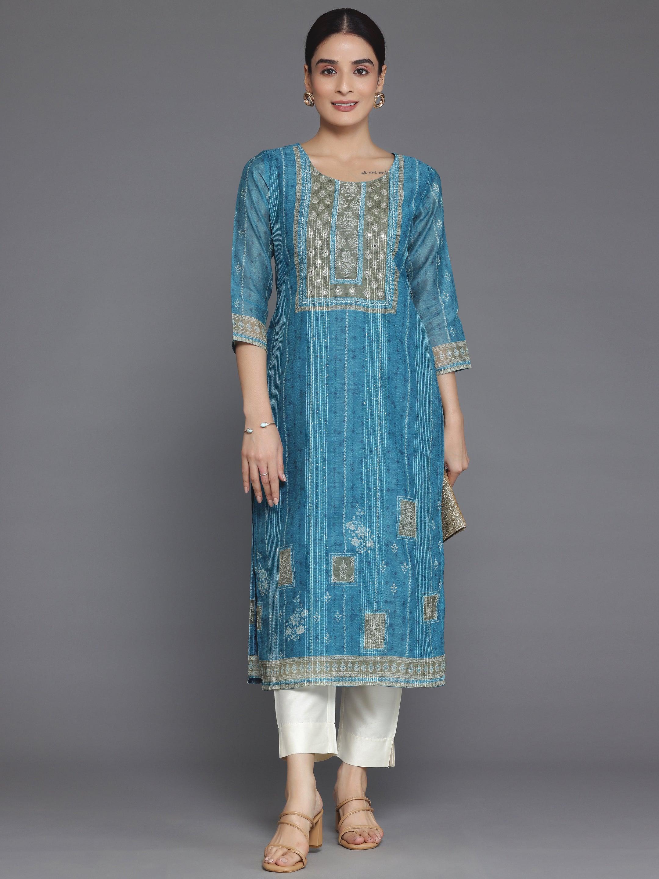 Blue Embellished Chanderi Silk Straight Kurta